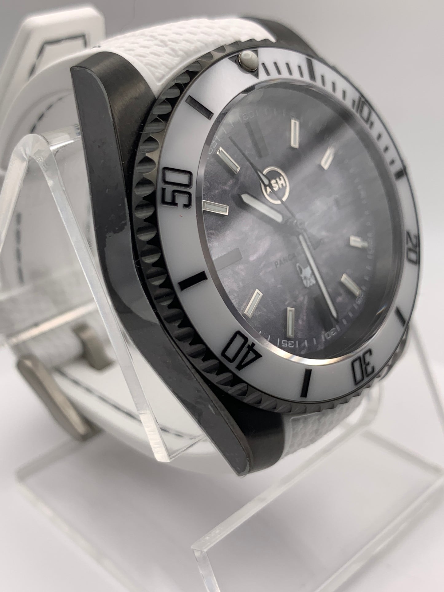 Pancake’s Dad’s Watch. 40mm PVD coated stainless steel. Sapphire crystal. Custom dial. Seiko NH38.