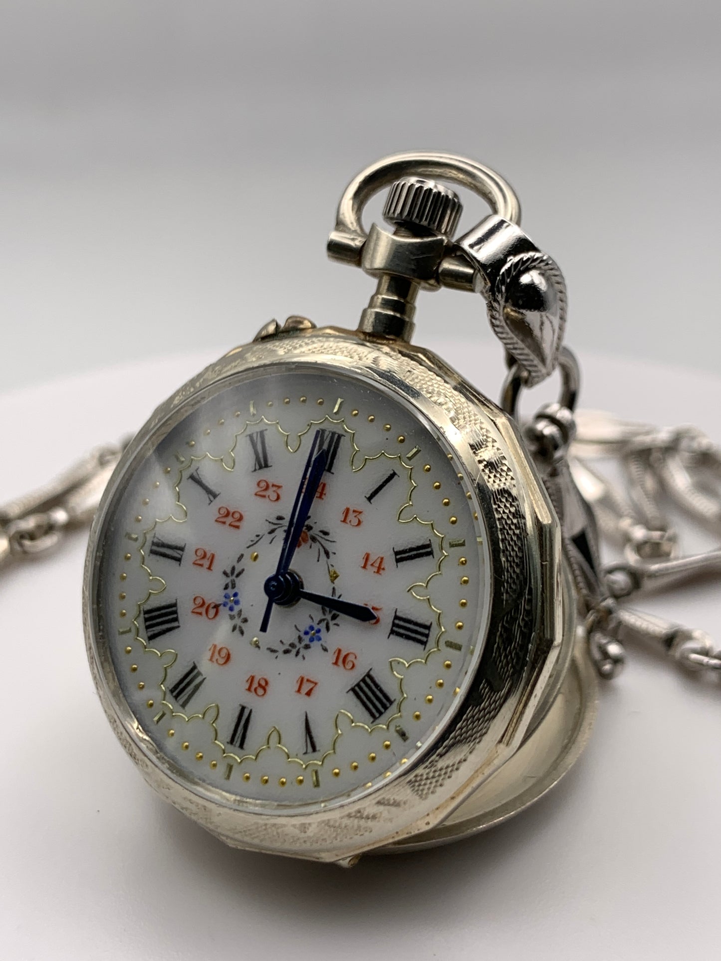 ‘Sold - Amuse-bouche. 30mm pocket / necklace watch. NOS Argentan alloy case and hand painted enamel dial. Sapphire crystal. Miyota 2036. 24” sterling necklace.