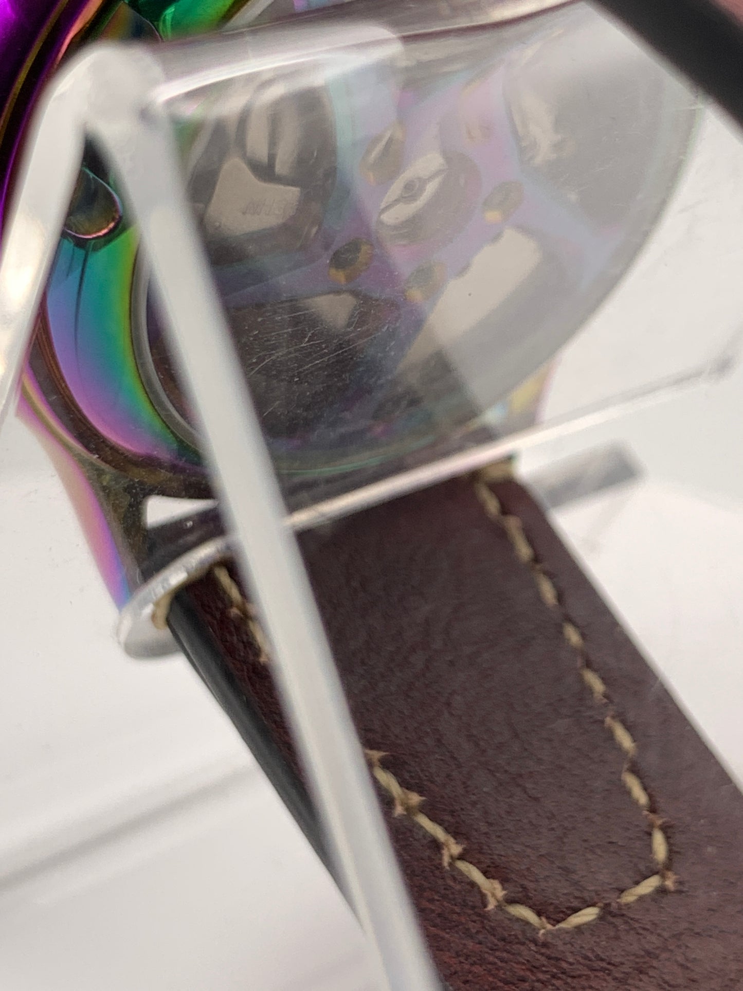 Living Color. 38mm thermally colored stainless steel case and case back. Double dome K-1 mineral crystal. Seiko NH36
