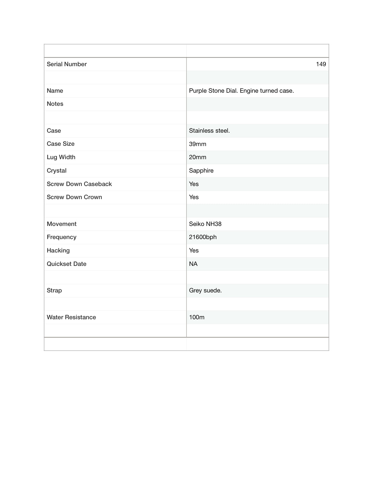 Purple natural stone dial. 39mm engine turned case.