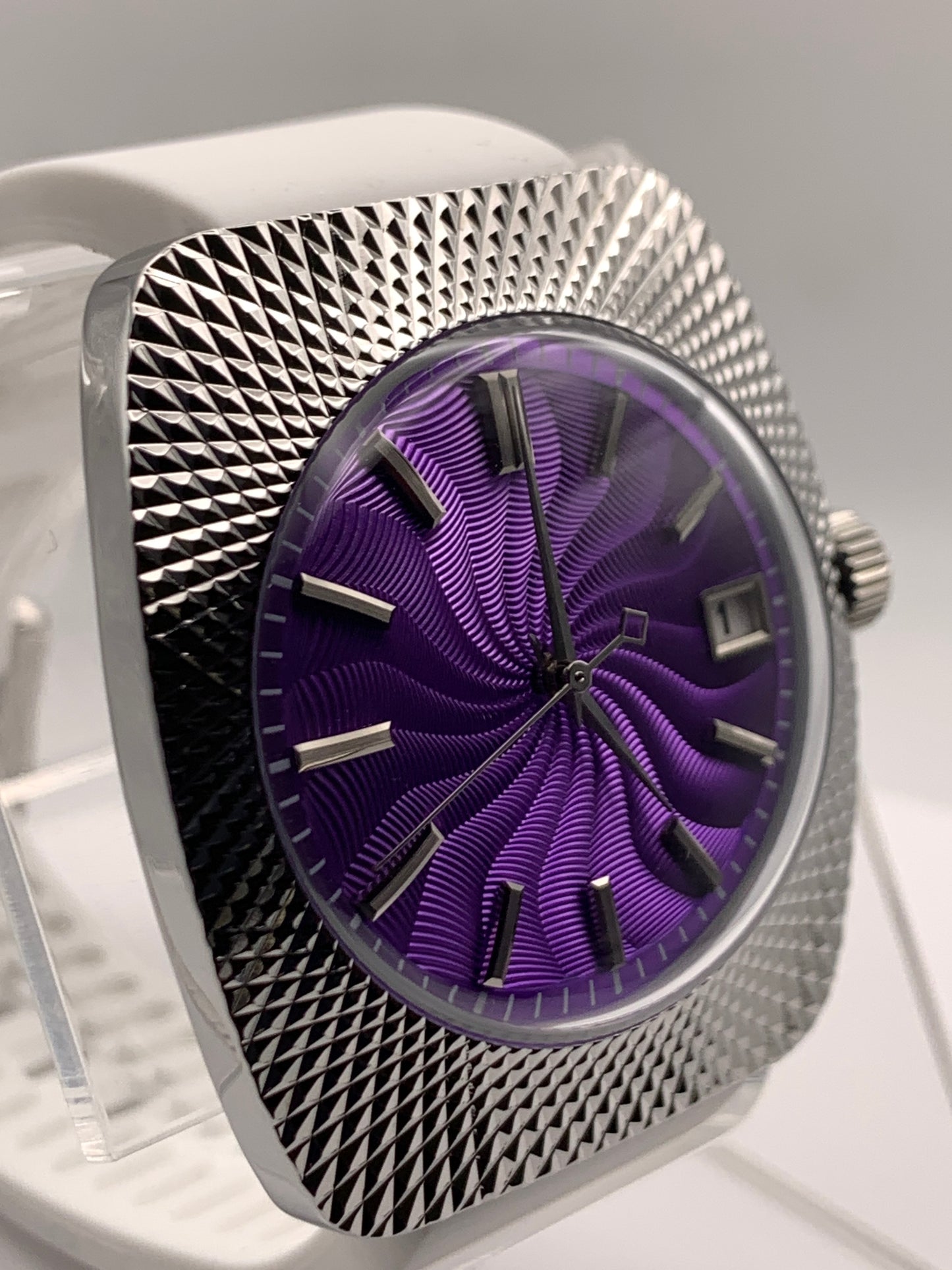 Purple Reign. 37mm faceted case. Acrylic dome crystal. Seiko NH35.