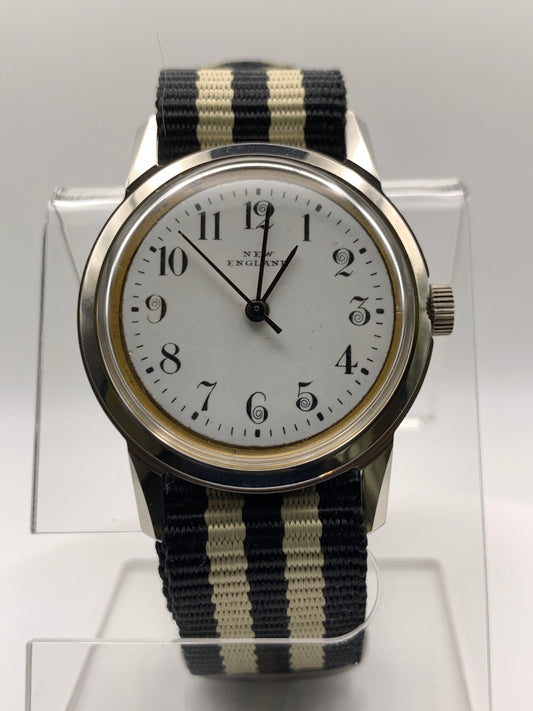 Bishop. Marriage watch. 33mm NOS stainless steel vintage case. Vintage enamel  ‘New England’ dial. Miyota 2036 quartz movement.