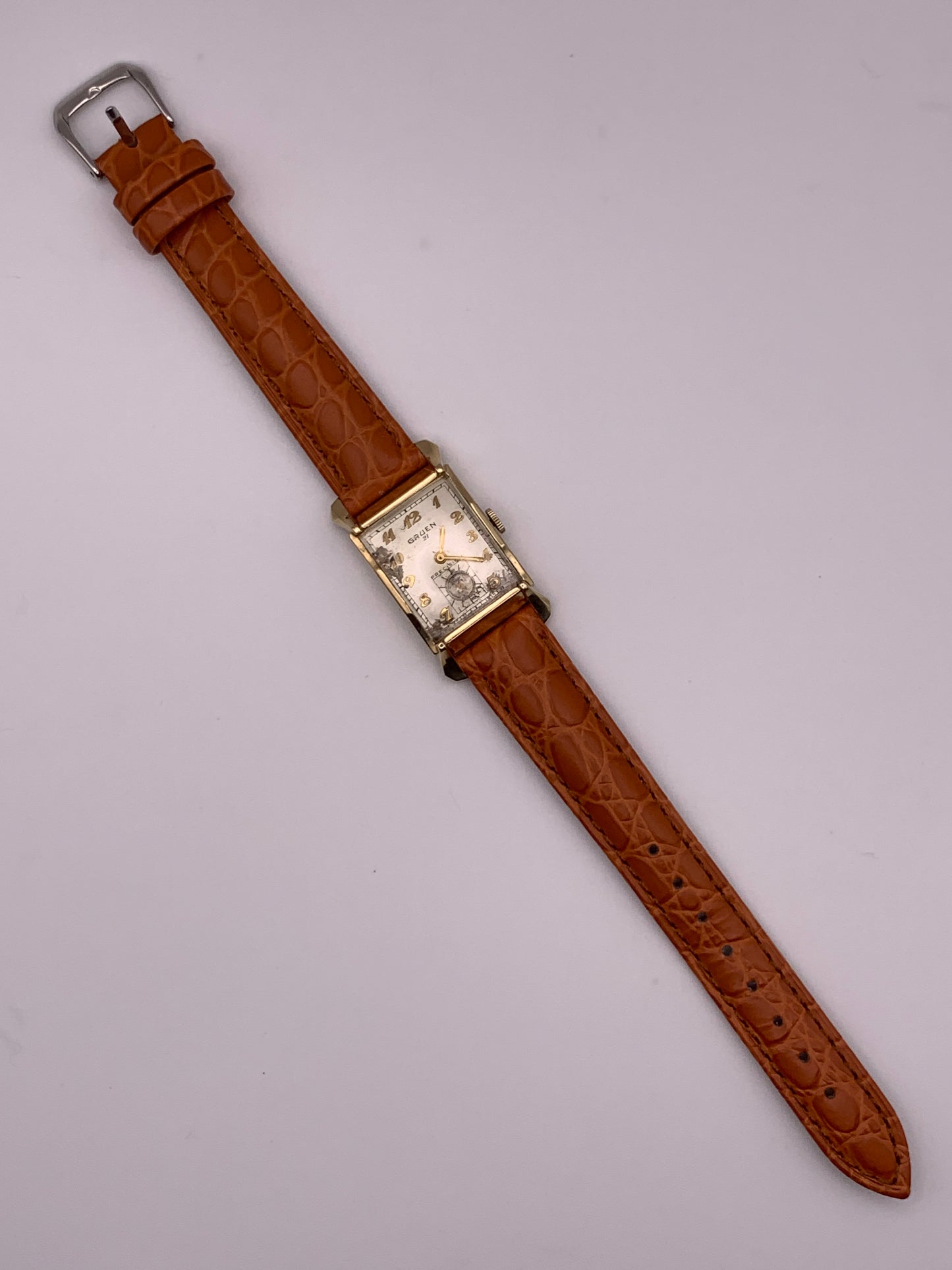 Gruen Precision 335, circa 1950, wrist watch repair. New balance staff and mainspring. 20mm wide. 34mm lug to lug.
