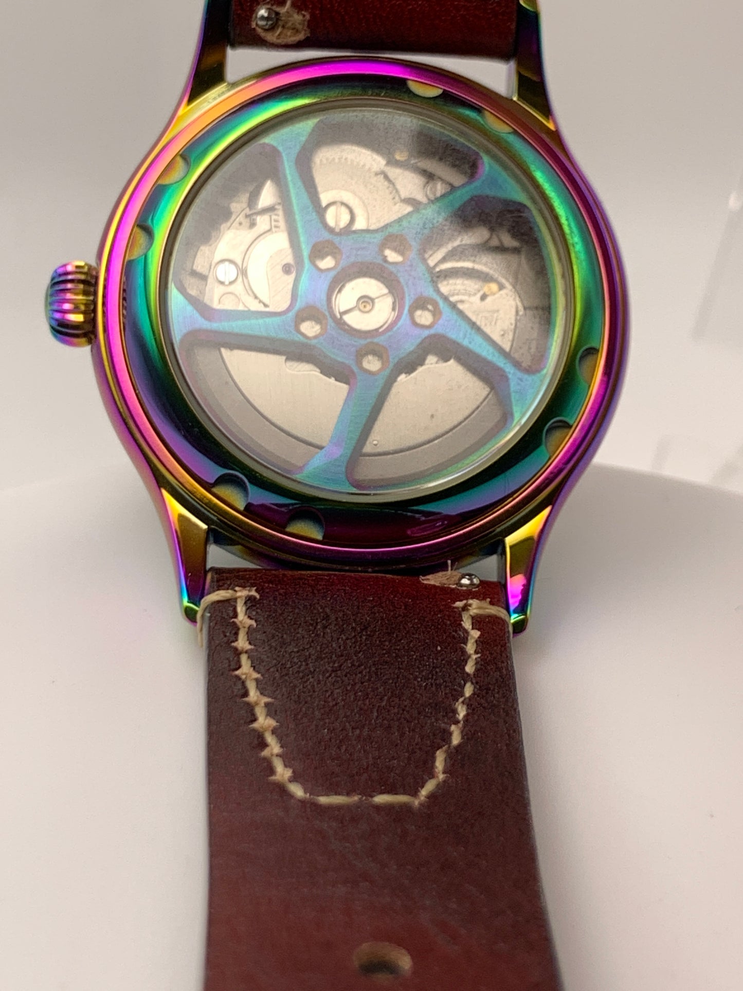 Living Color. 38mm thermally colored stainless steel case and case back. Double dome K-1 mineral crystal. Seiko NH36