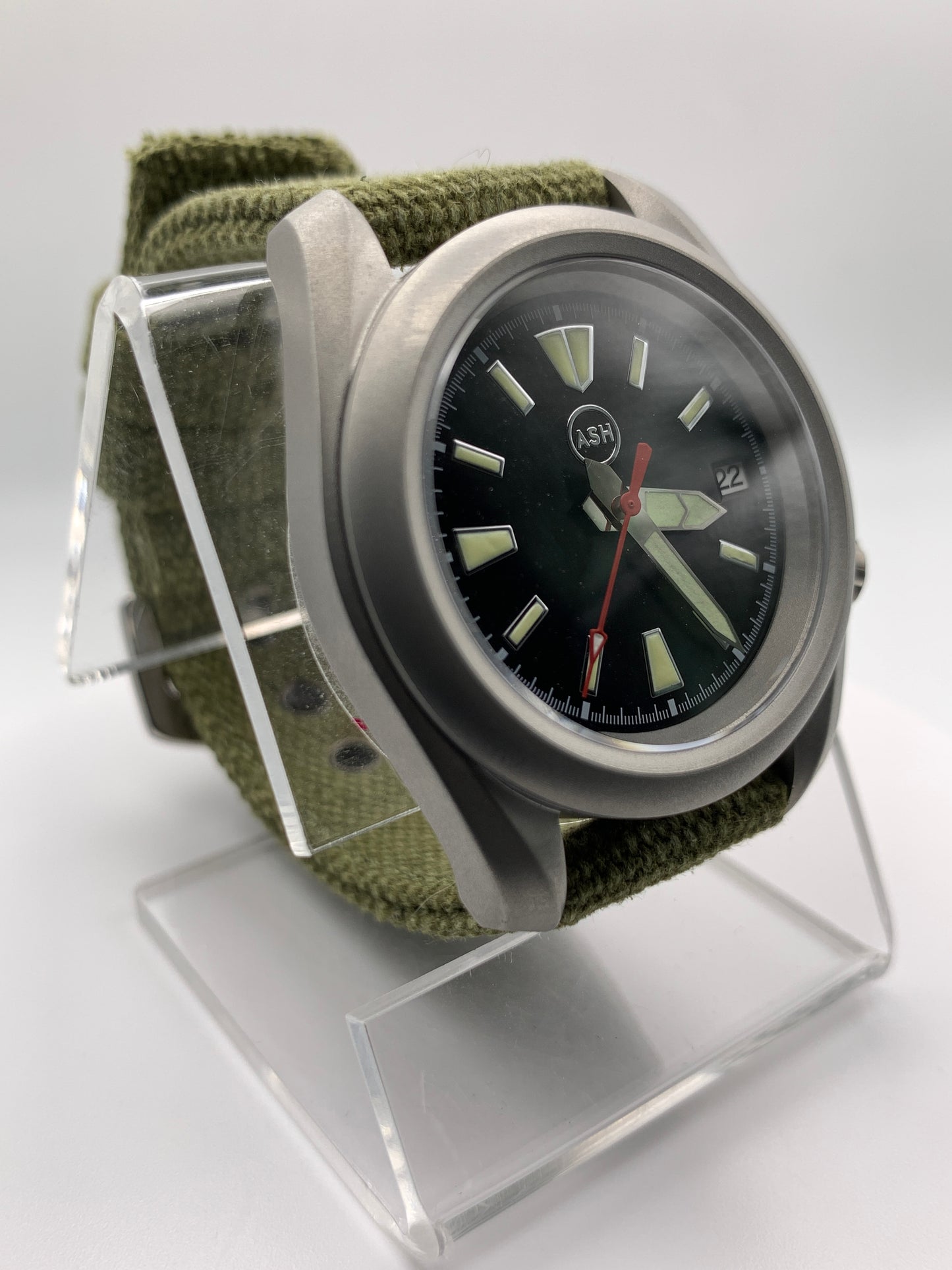 Outrider. 38mm bead blasted stainless steel. Crown at 3.8.  Sapphire crystal. Seiko NH35.
