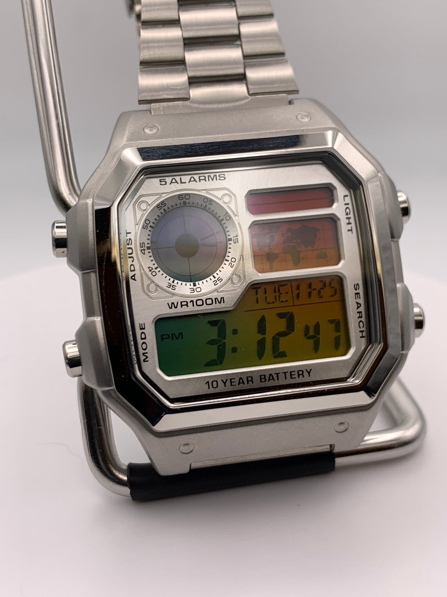 ‘Sold. Royale with Cheese. Casio AE1200. Rainbow filter. Metal case. Silver sunray faceplate. Vintage style bracelet. Flashing alarm upgrade.