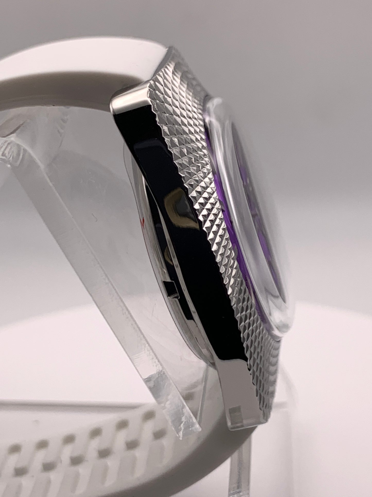 Purple Reign. 37mm faceted case. Acrylic dome crystal. Seiko NH35.