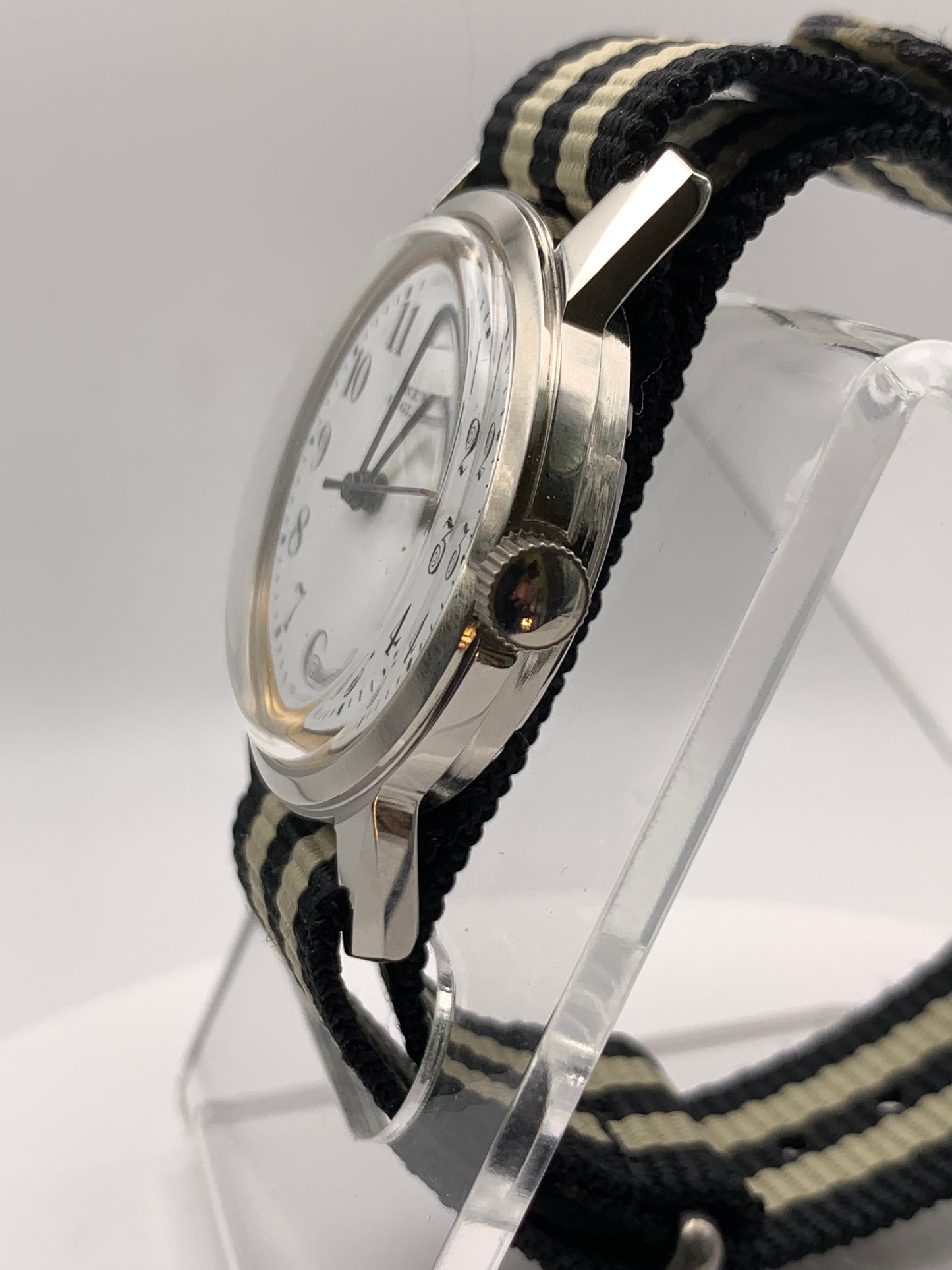 Bishop. Marriage watch. 33mm NOS stainless steel vintage case. Vintage enamel  ‘New England’ dial. Miyota 2036 quartz movement.