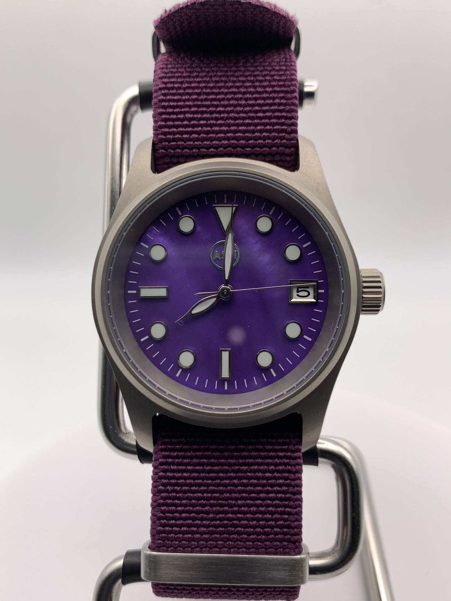 Larkspur 1.1 - 36mm Titanium field watch. Purple MOP dial. Seiko NH35.