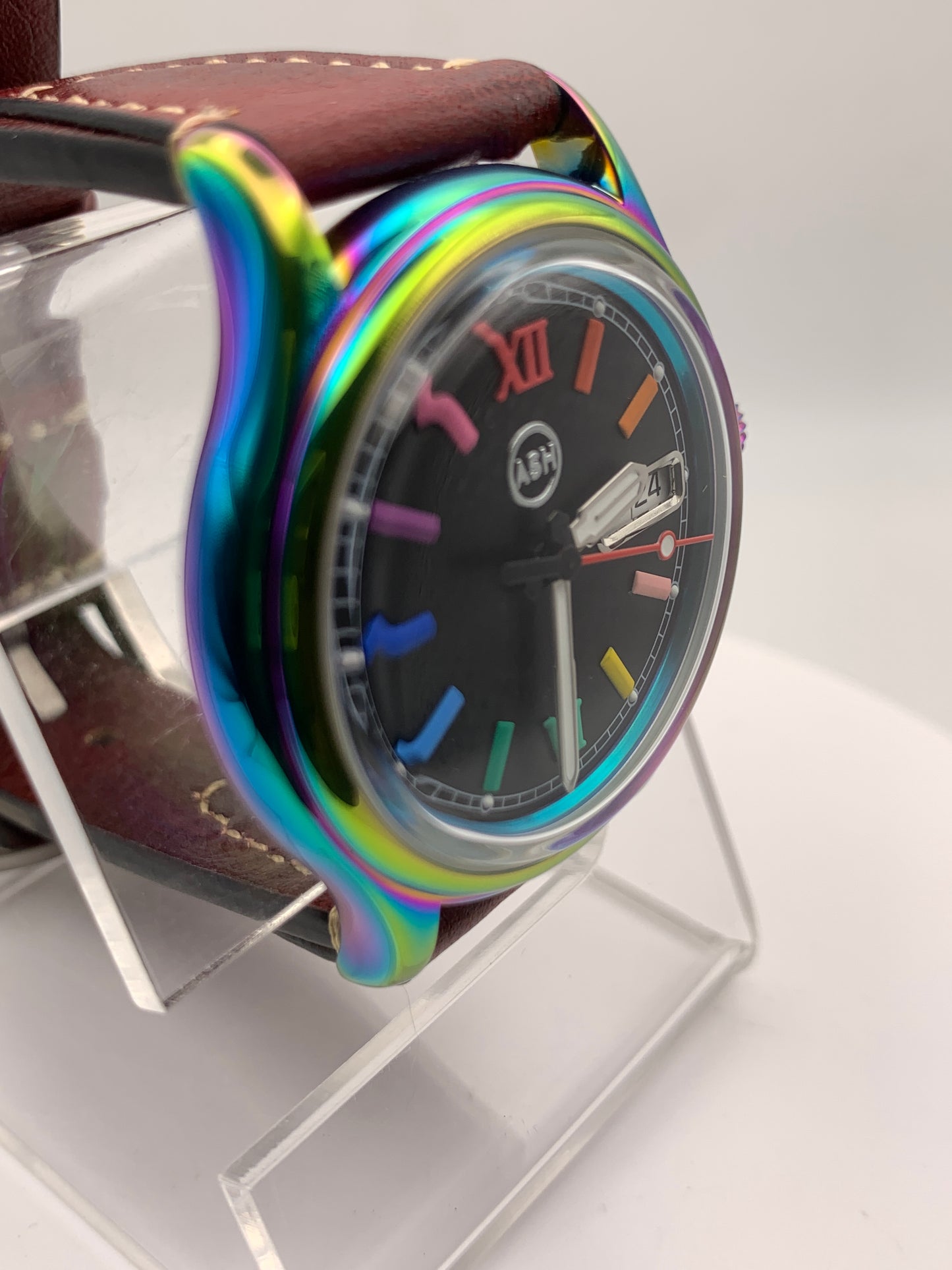 Living Color. 38mm thermally colored stainless steel case and case back. Double dome K-1 mineral crystal. Seiko NH36