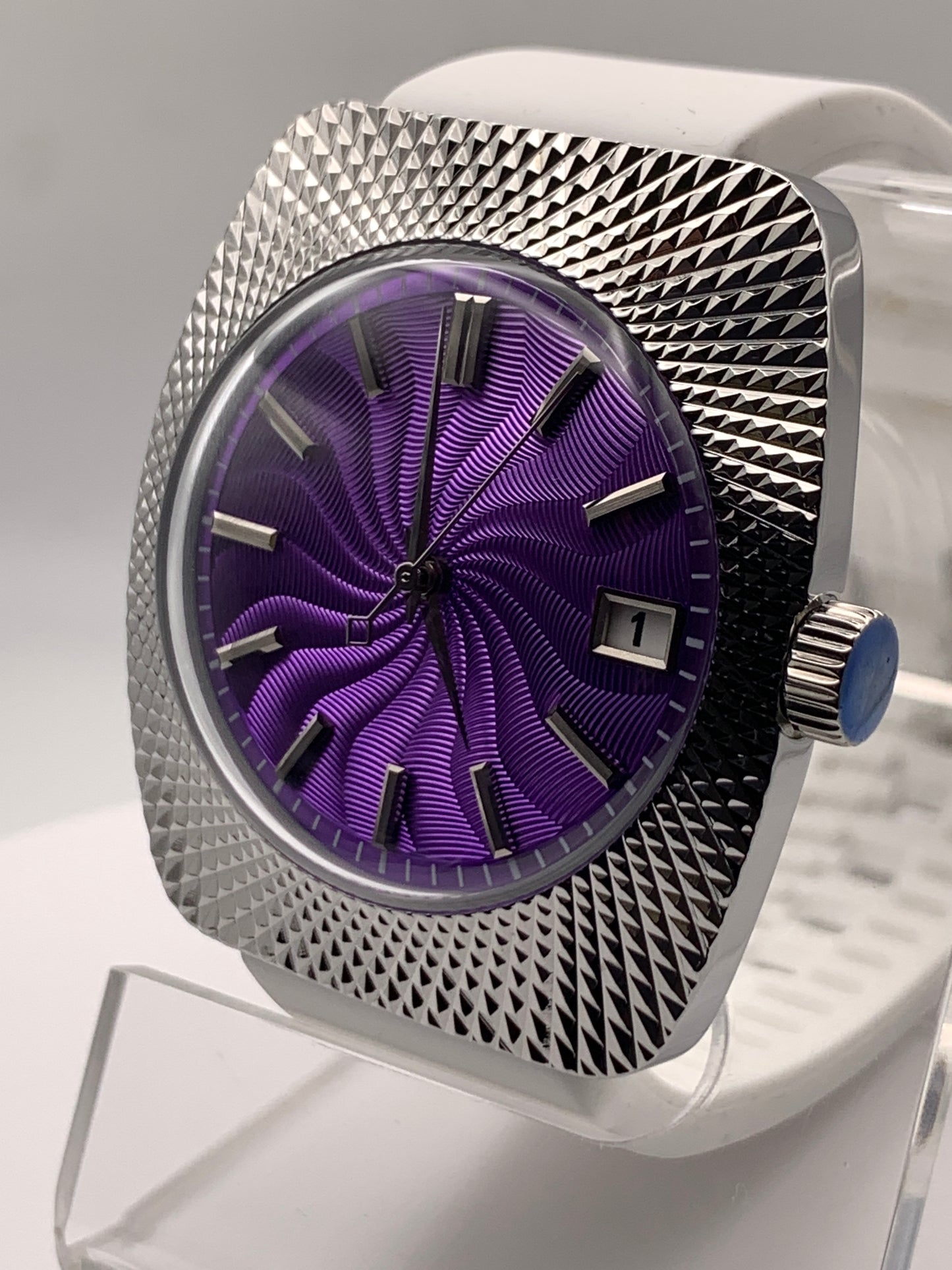 Purple Reign. 37mm faceted case. Acrylic dome crystal. Seiko NH35.