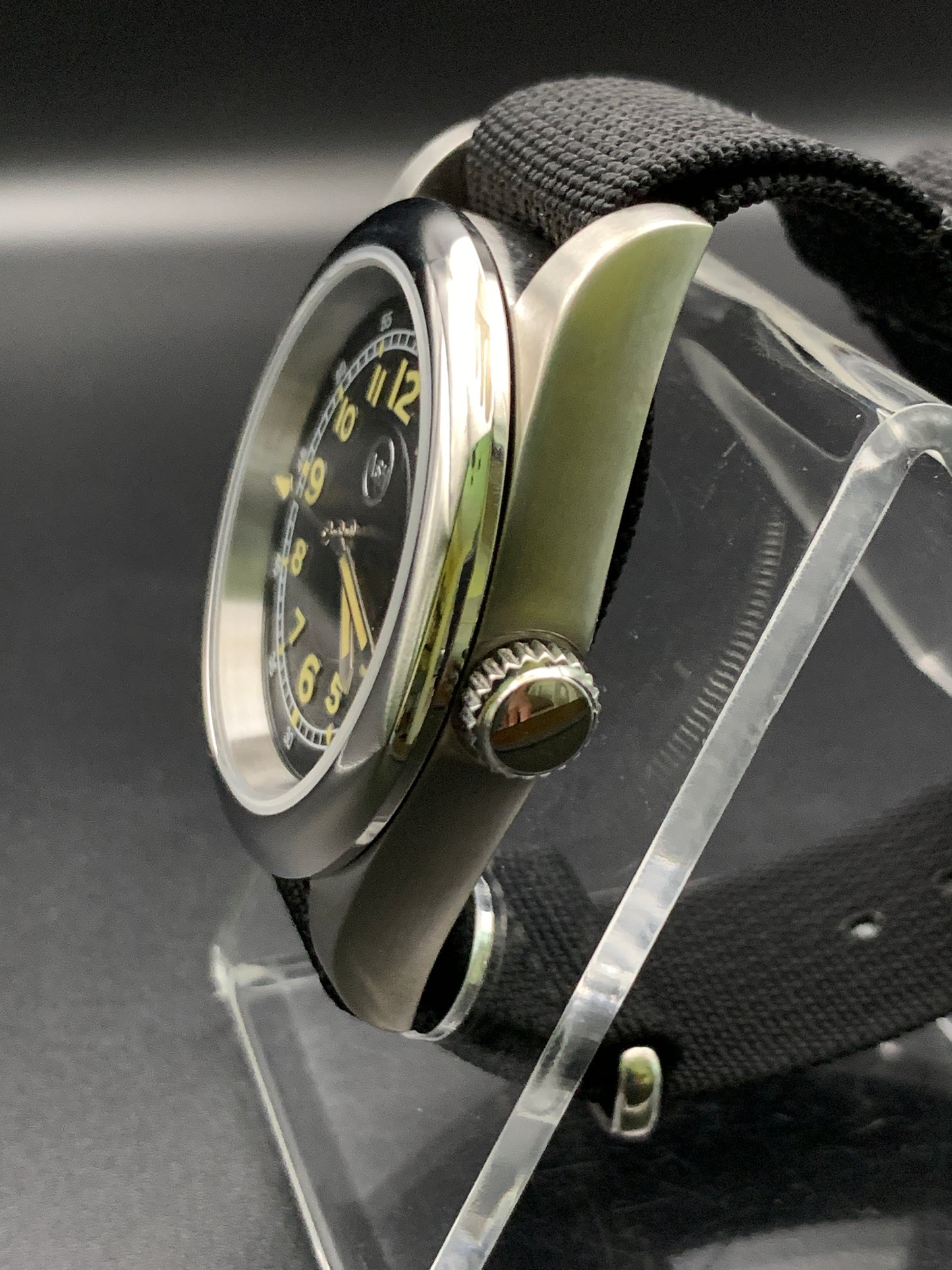 Black and yellow 39mm field watch.