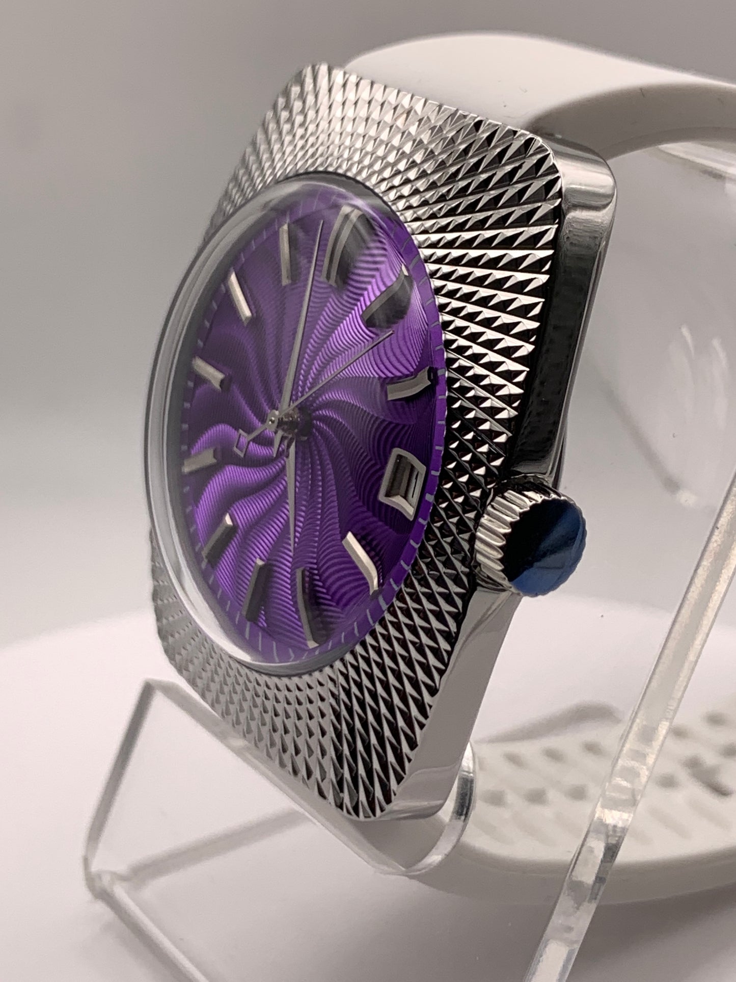 Purple Reign. 37mm faceted case. Acrylic dome crystal. Seiko NH35.