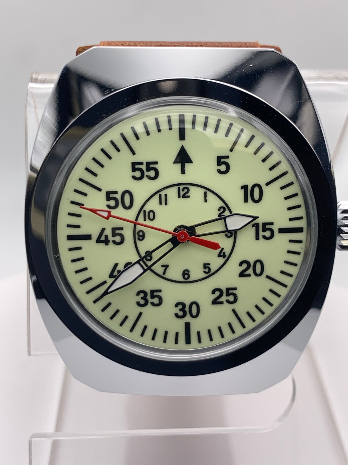 Full Moon. Neo Vintage. Fully Lumed Flieger B style. 36mm NOS Gruen case. Acrylic domed crystal. Seiko VH31 mecha-quartz.