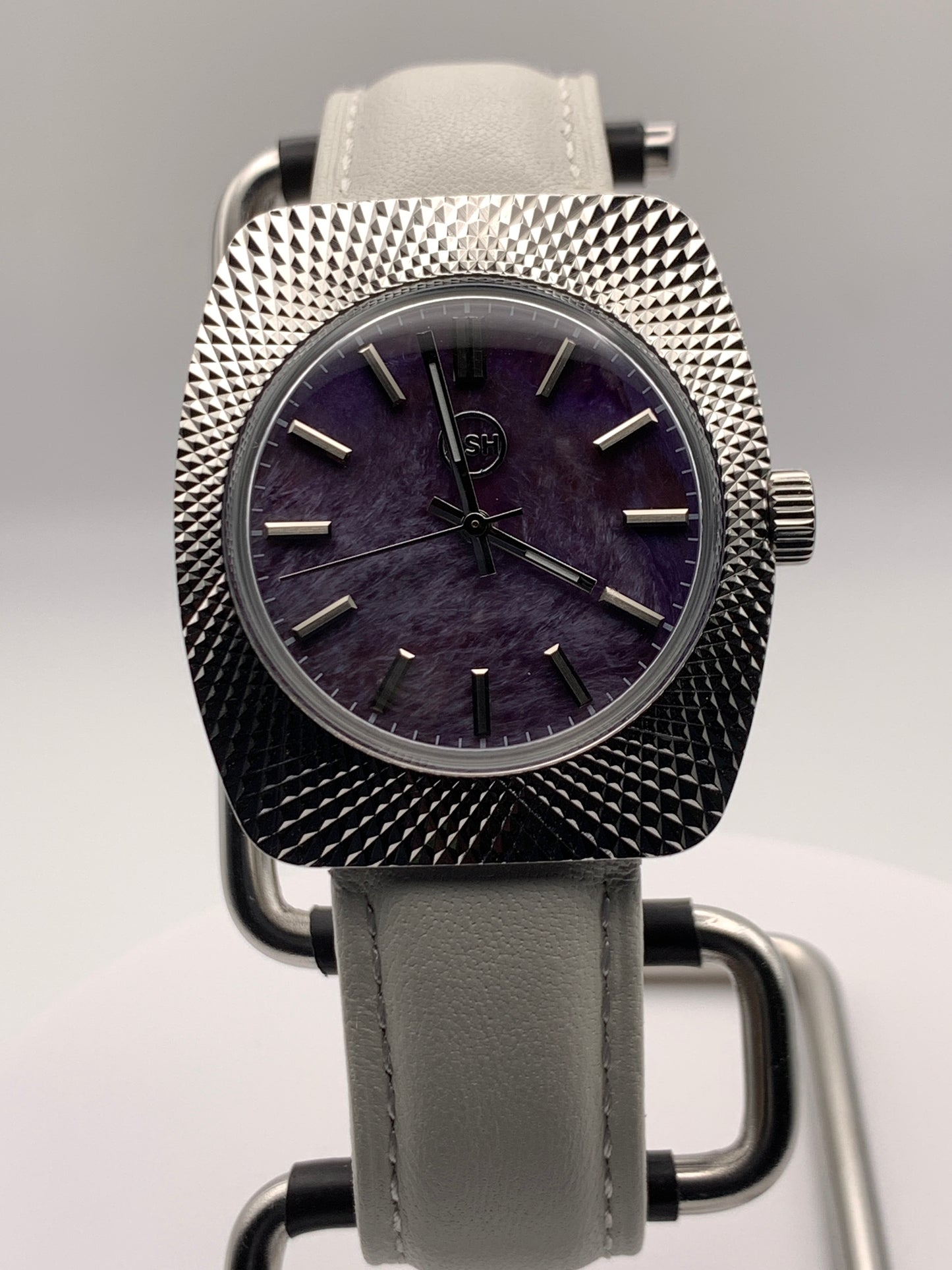 Lily. Faceted 37mm stainless steel case. Acrylic domed crystal. Charlotte stone dial.  Seiko VH31 mecha-quartz.