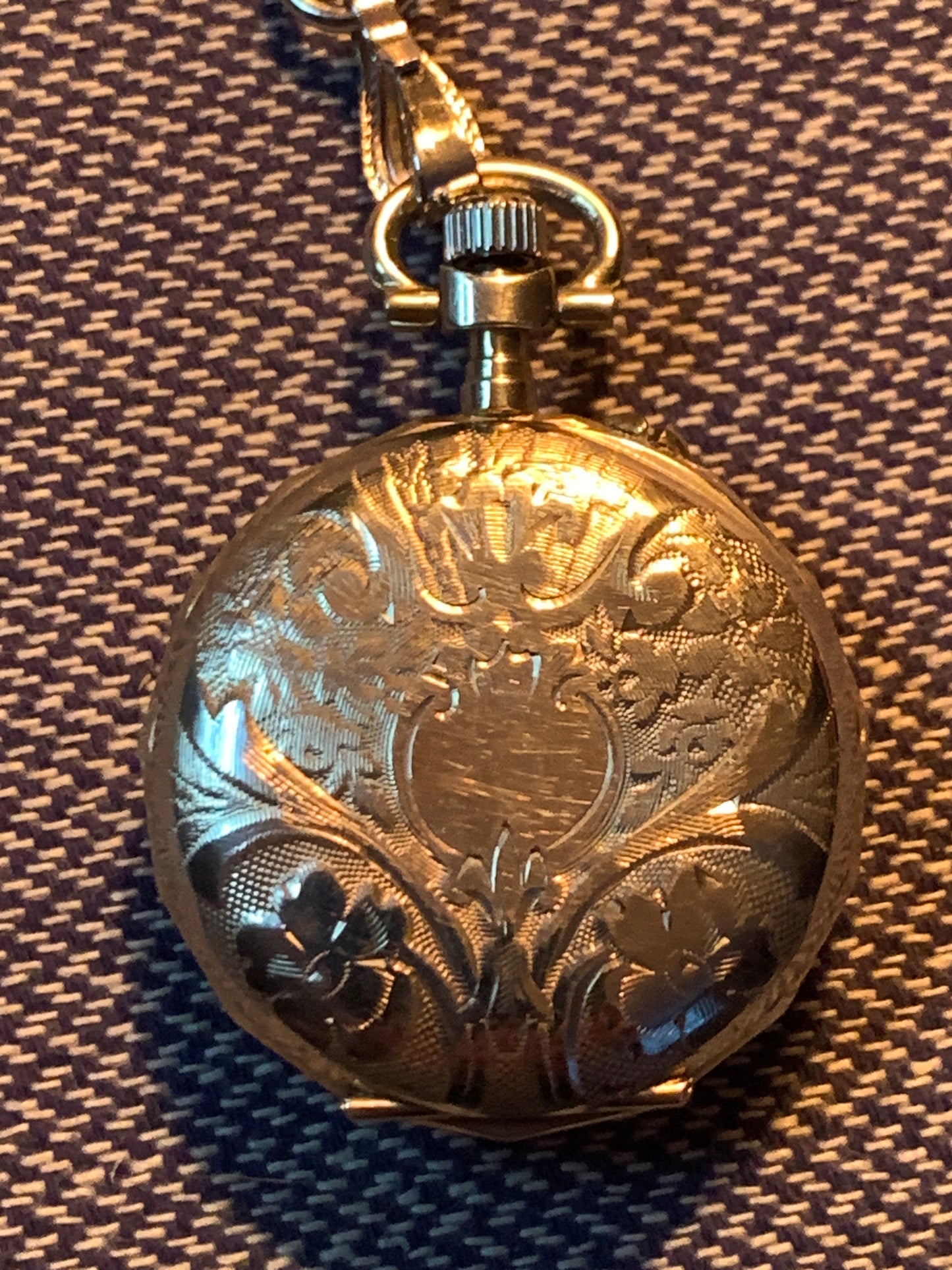 ‘Sold - Amuse-bouche. 30mm pocket / necklace watch. NOS Argentan alloy case and hand painted enamel dial. Sapphire crystal. Miyota 2036. 24” sterling necklace.