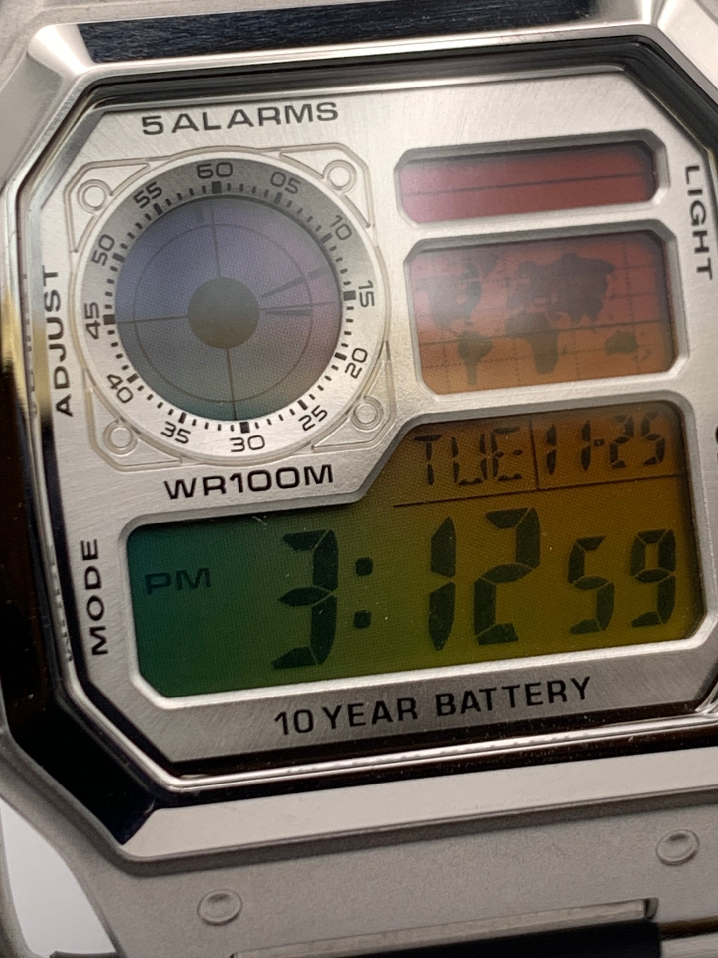 ‘Sold. Royale with Cheese. Casio AE1200. Rainbow filter. Metal case. Silver sunray faceplate. Vintage style bracelet. Flashing alarm upgrade.