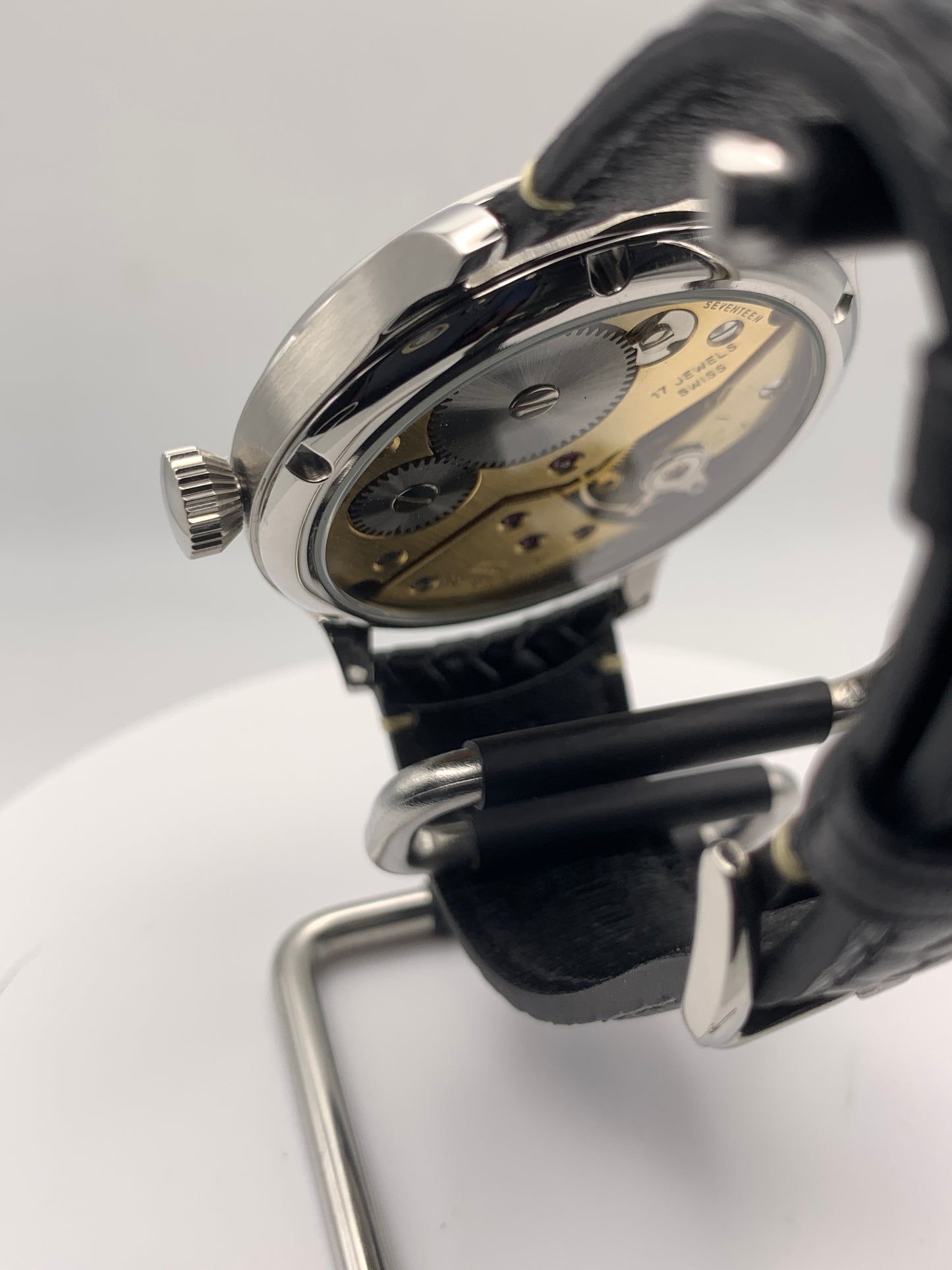 Andrew. 44mm Bulova pocket watch conversion.  Original linen dial and Unitas 6498 movement. Serviced with a new mainspring. Sapphire crystal.