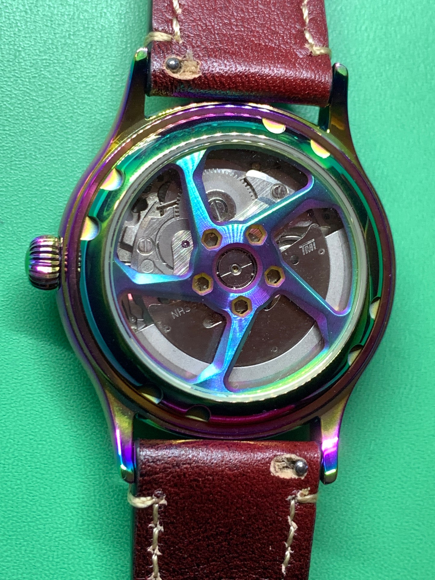 Living Color. 38mm thermally colored stainless steel case and case back. Double dome K-1 mineral crystal. Seiko NH36