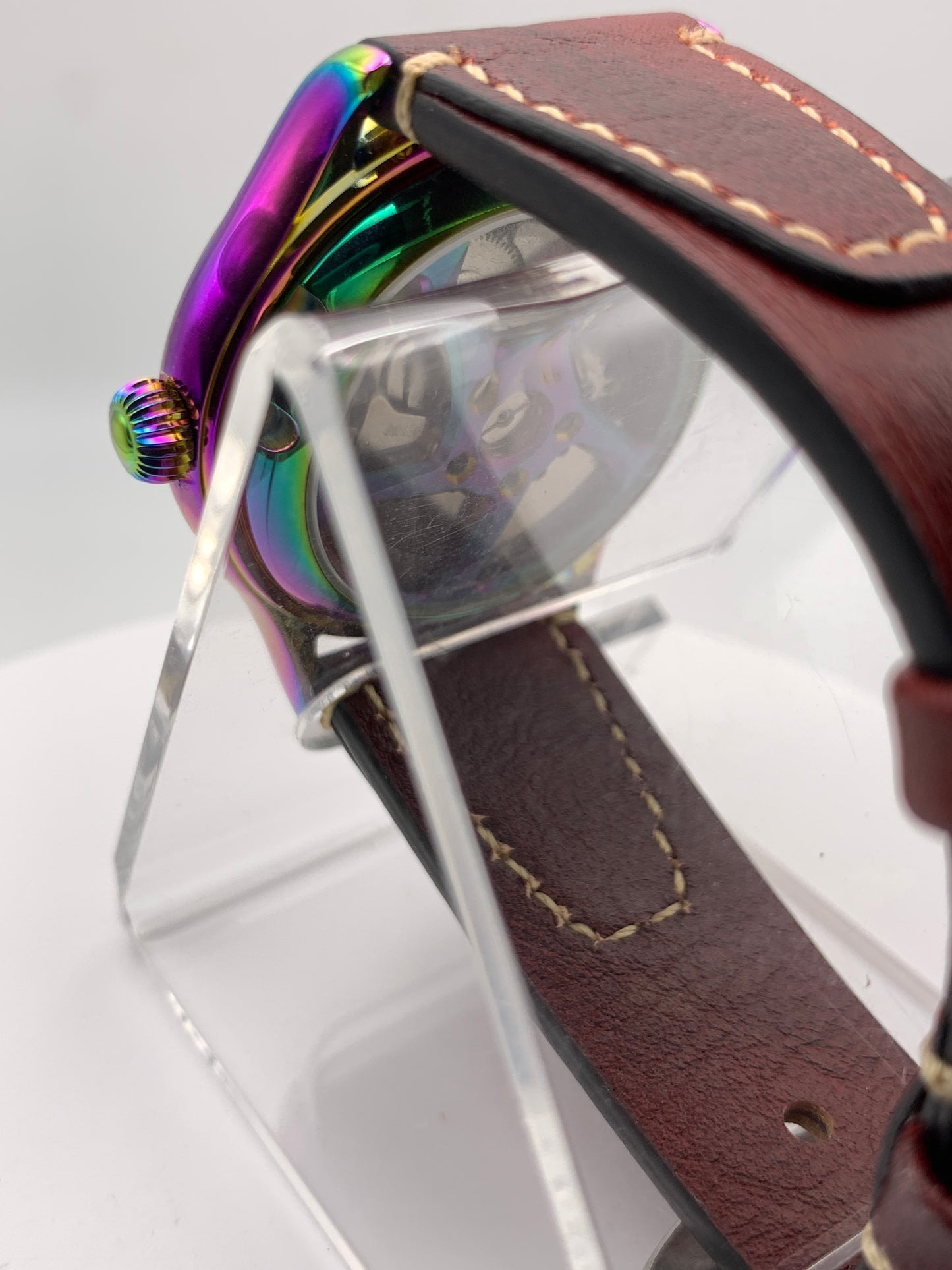 Living Color. 38mm thermally colored stainless steel case and case back. Double dome K-1 mineral crystal. Seiko NH36