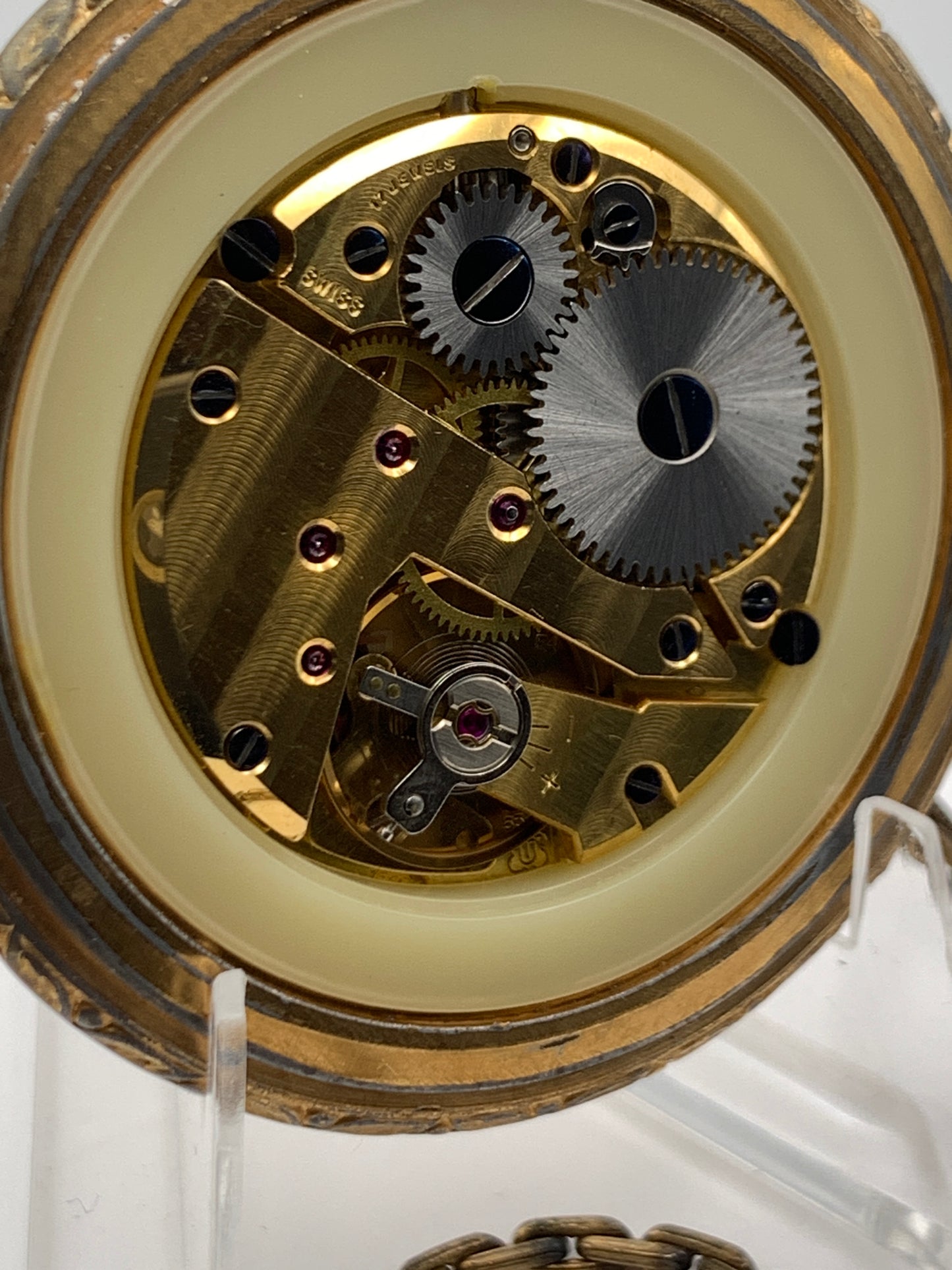 Pencron 44mm Swiss pocket watch. Unitas 6325 hand winding movement. Acrylic dome. Period correct chain and pocket knife.