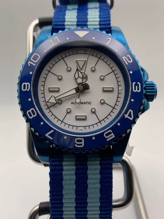 Europa - 41mm Blue anodized stainless steel case. Sapphire crystal. Seiko NH38.