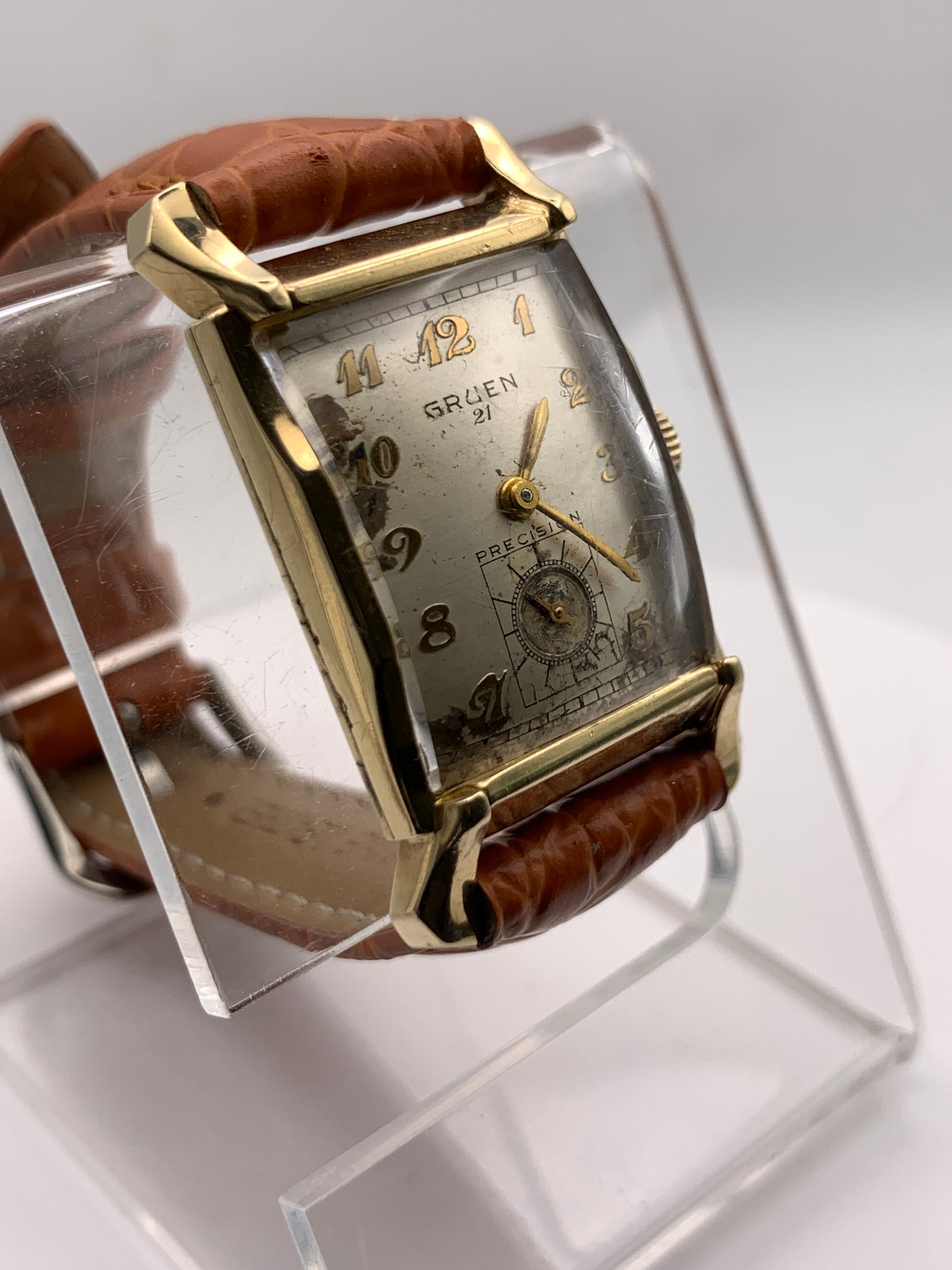 Gruen Precision 335, circa 1950, wrist watch repair. New balance staff and mainspring. 20mm wide. 34mm lug to lug.