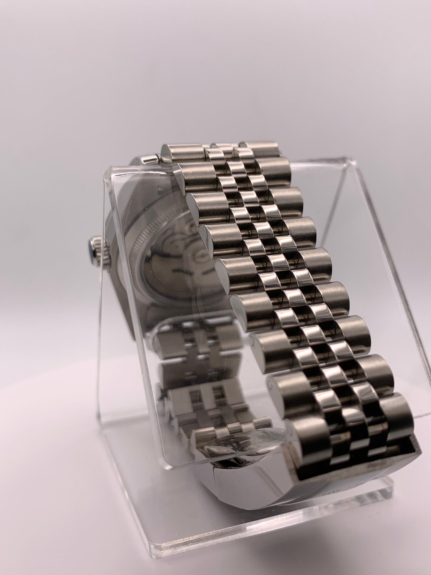 ‘Sold - Highly figured lavender dial. 36mm sport watch on bracelet.