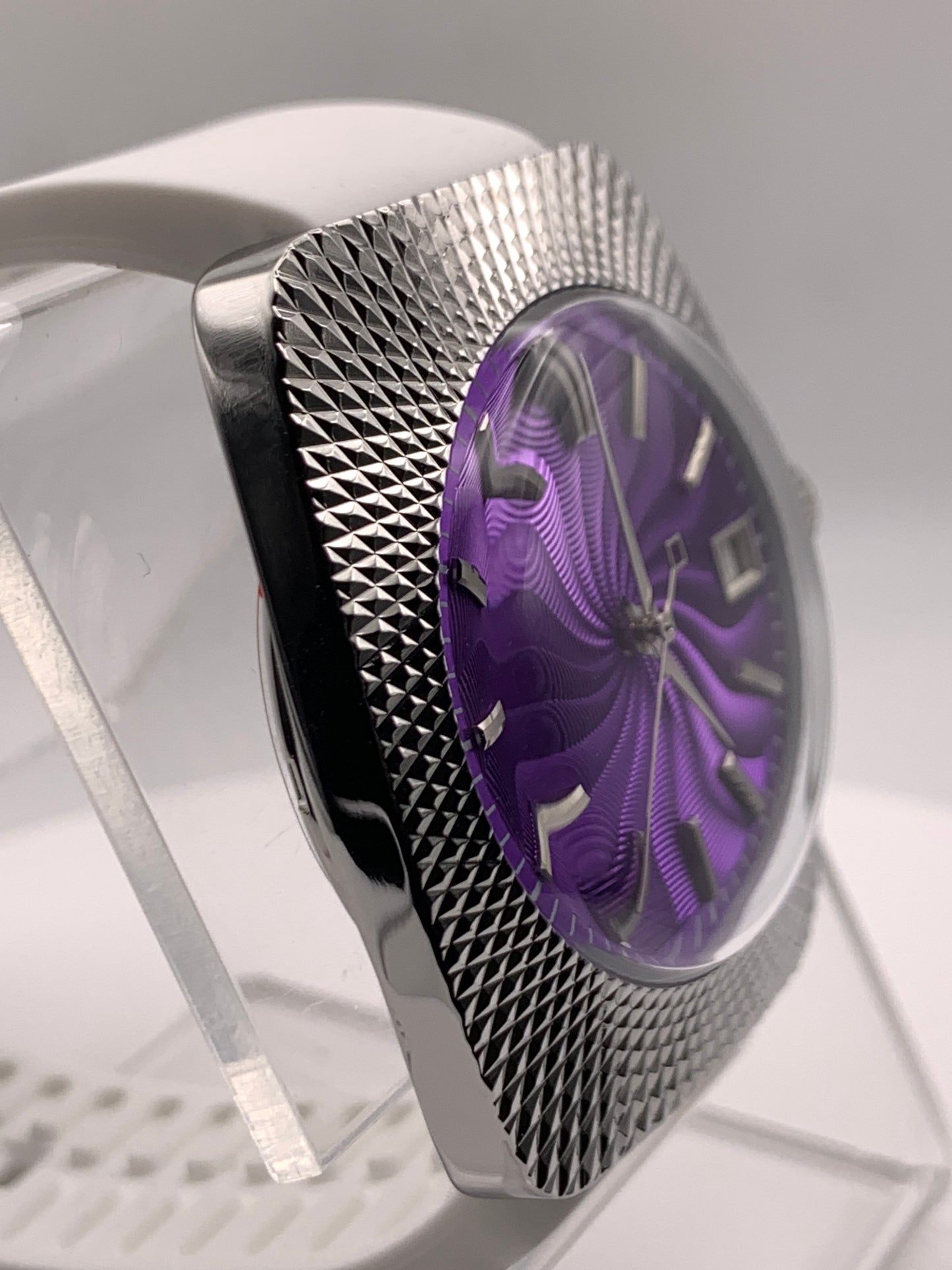 Purple Reign. 37mm faceted case. Acrylic dome crystal. Seiko NH35.