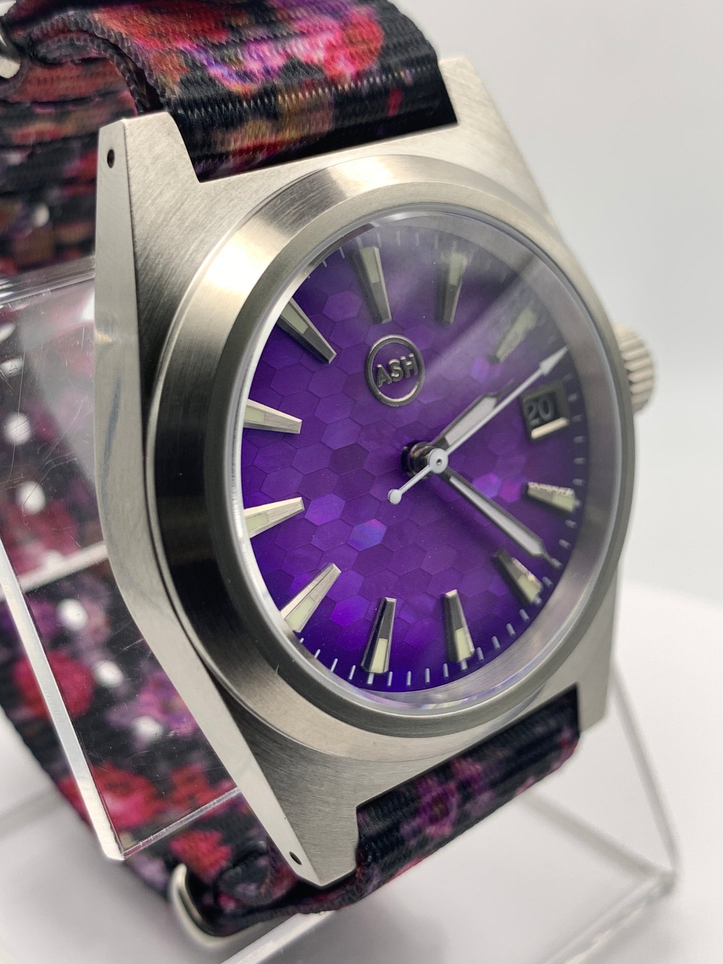 Water Garden. 38mm brushed stainless steel. Mosaic dial. Sapphire crystal with AR. Seiko NH35 automatic.