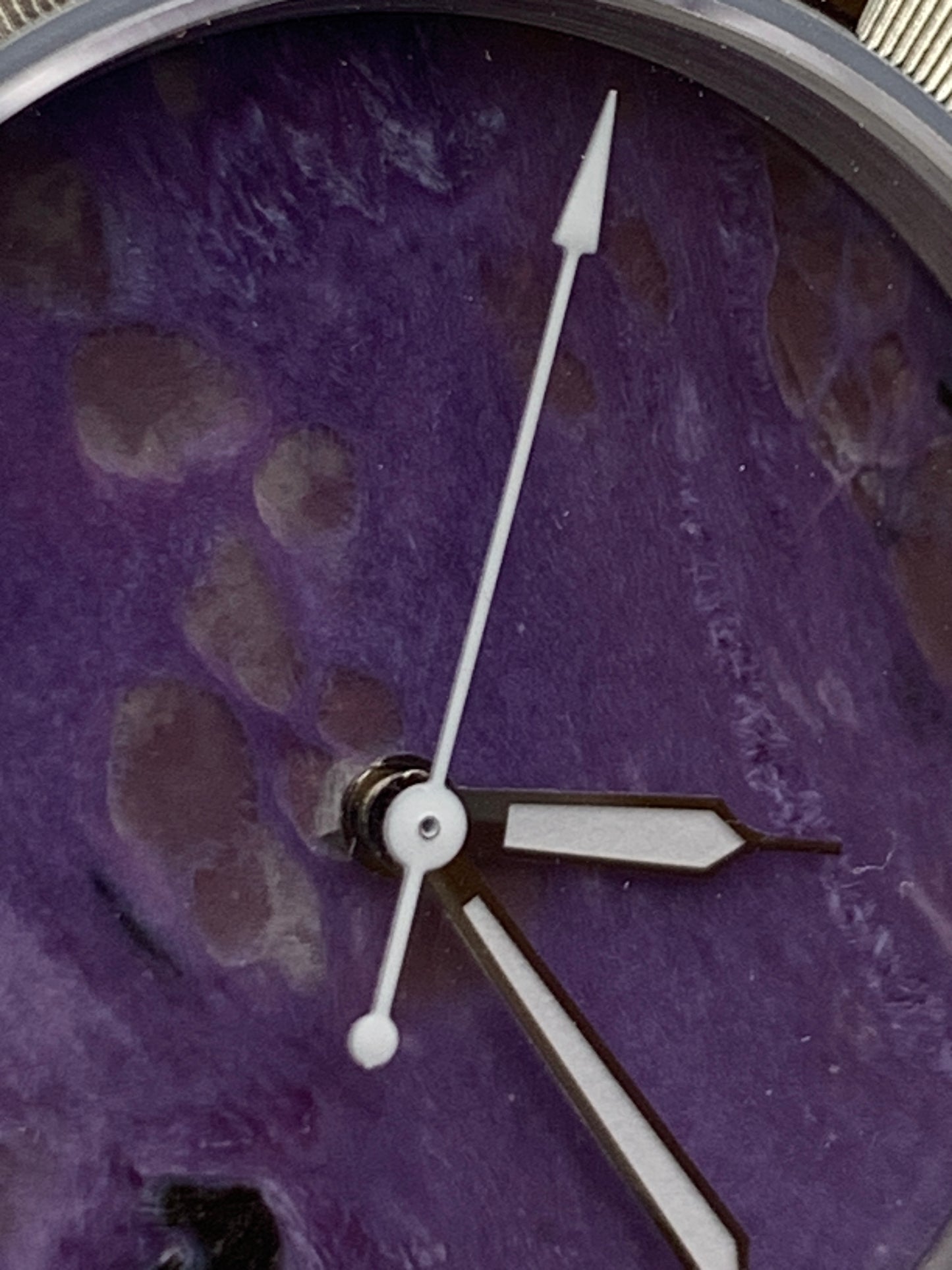 Purple natural stone dial. 39mm engine turned case.