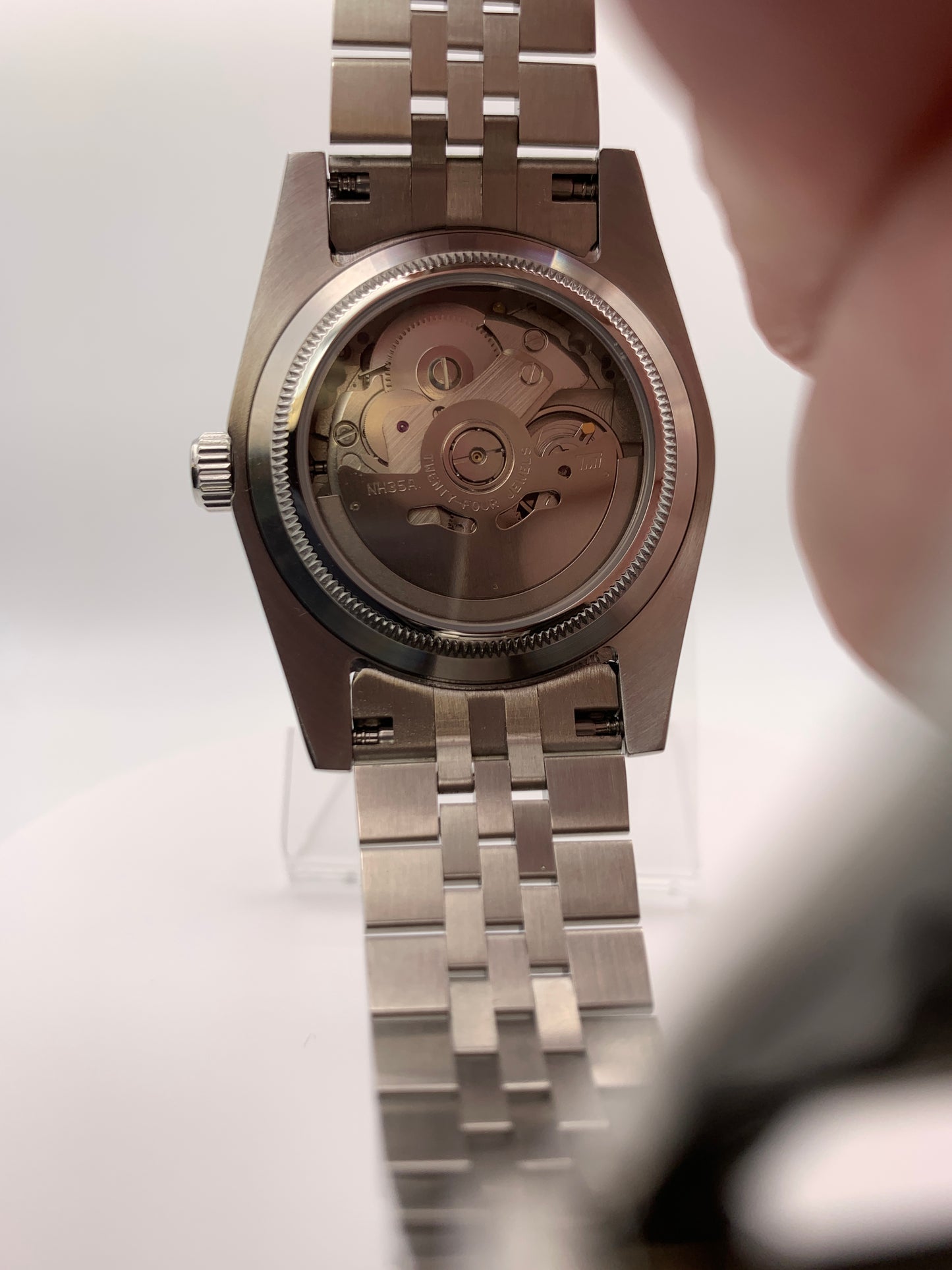 ‘Sold - Highly figured lavender dial. 36mm sport watch on bracelet.