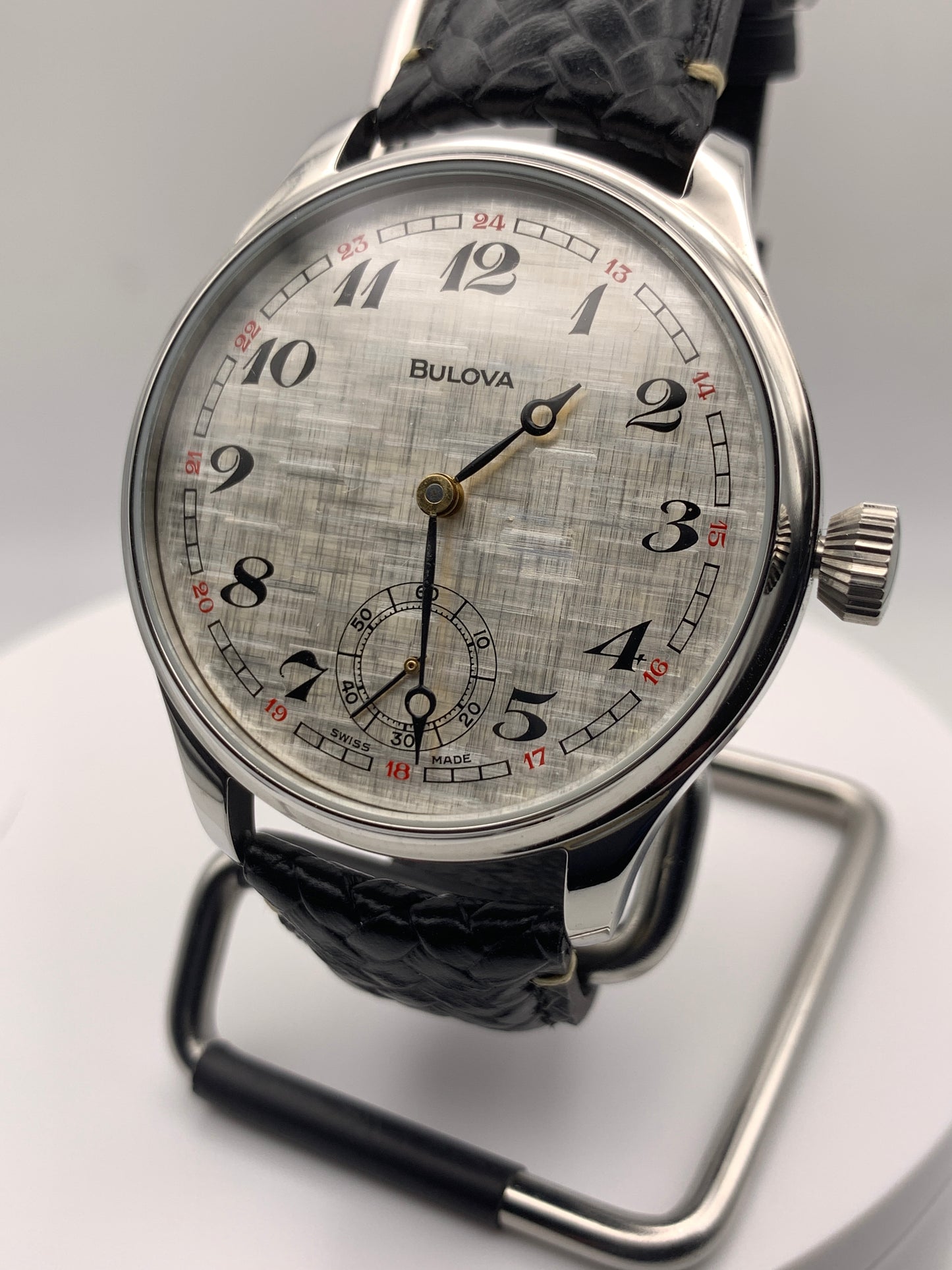 Andrew. 44mm Bulova pocket watch conversion.  Original linen dial and Unitas 6498 movement. Serviced with a new mainspring. Sapphire crystal.