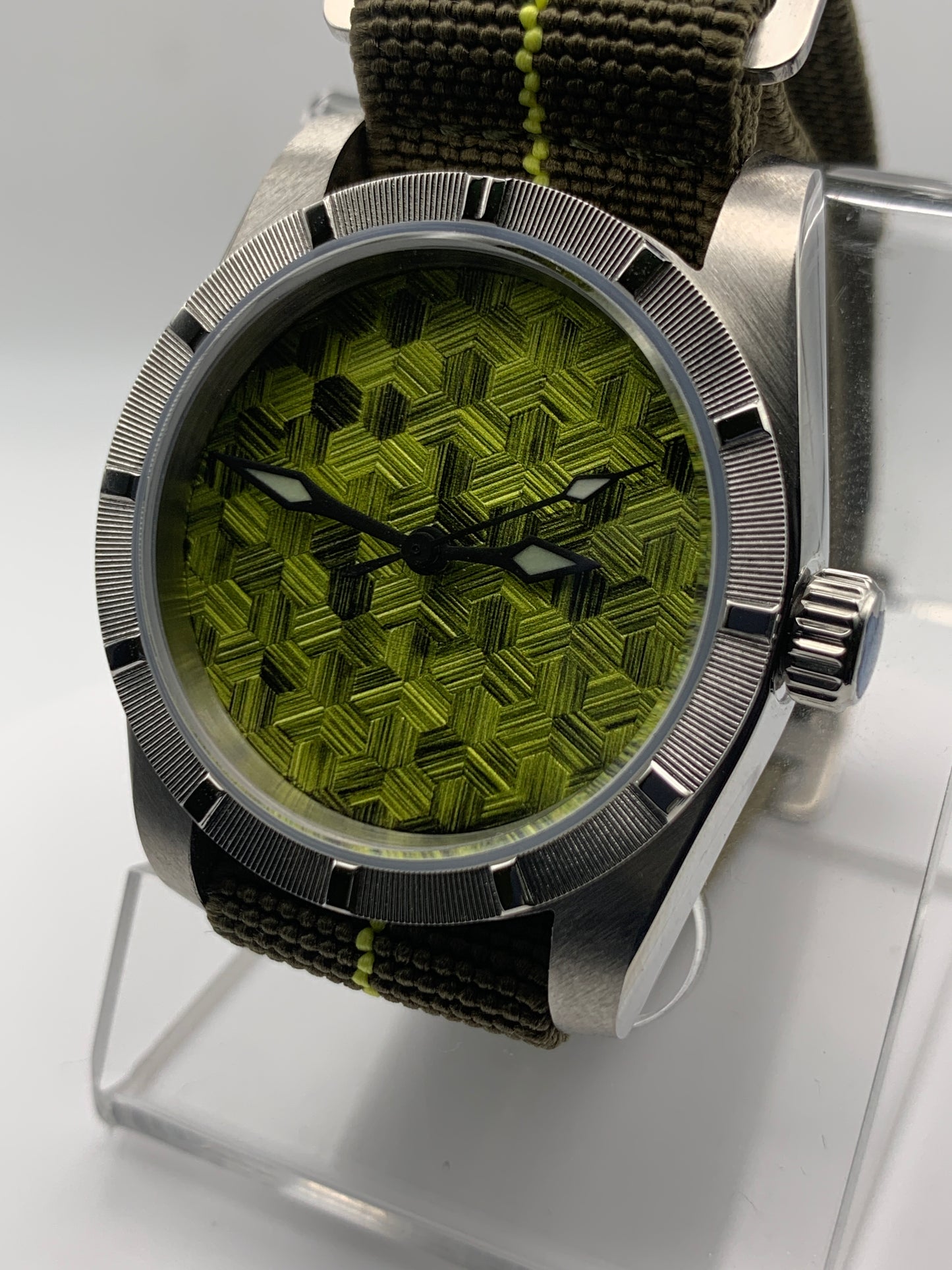 Moss Man. 38mm Engine turned stainless steel case. Sapphire crystal. Seiko NH38.