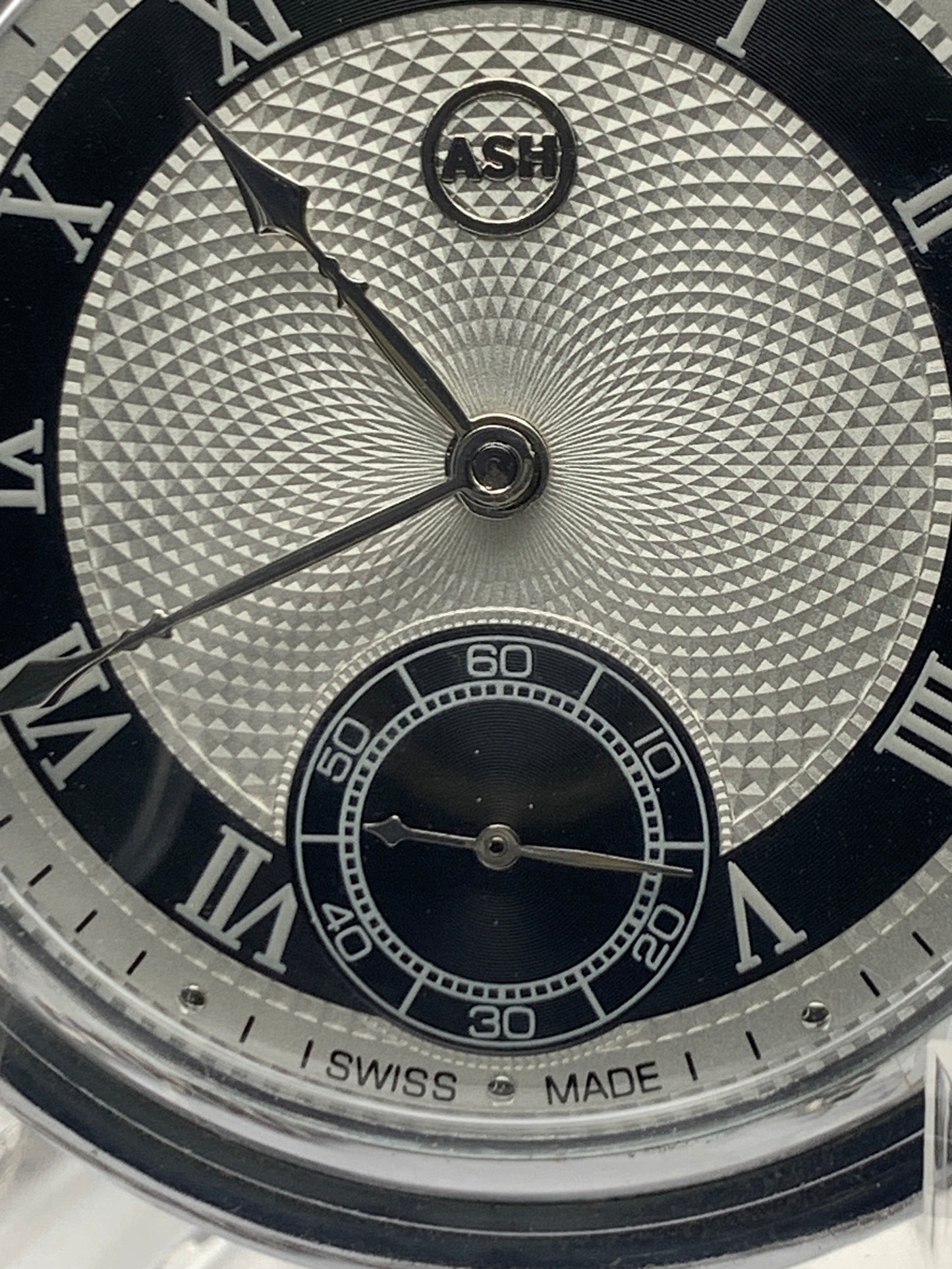White Dahlia. All Swiss pocket watch. Beautiful NOS ETA/Unitas hammertone 6498 hand wound movement. Guilloche dial. Vintage 47mm case with perlage.