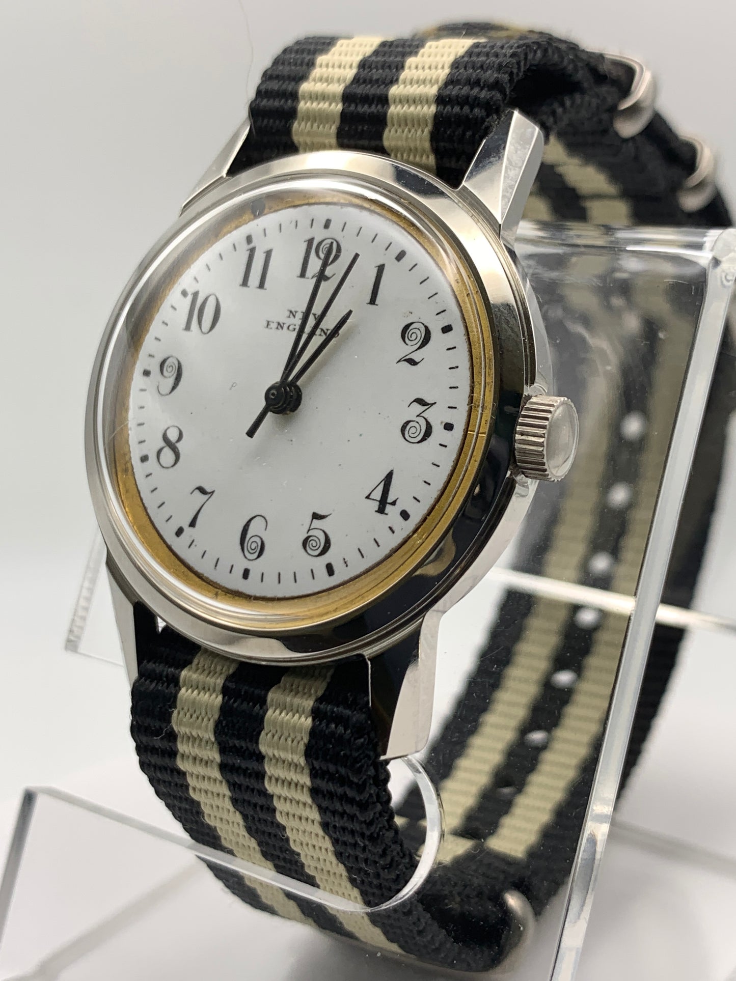 Bishop. Marriage watch. 33mm NOS stainless steel vintage case. Vintage enamel  ‘New England’ dial. Miyota 2036 quartz movement.