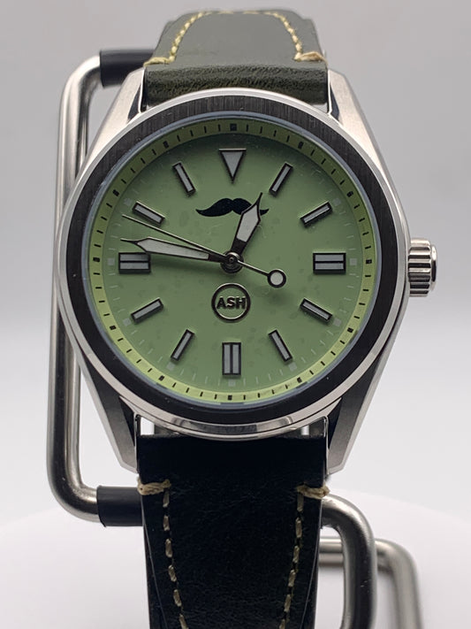 Mustachio. 38mm Stainless steel.  Sapphire crystal with AR. Seiko NH38.