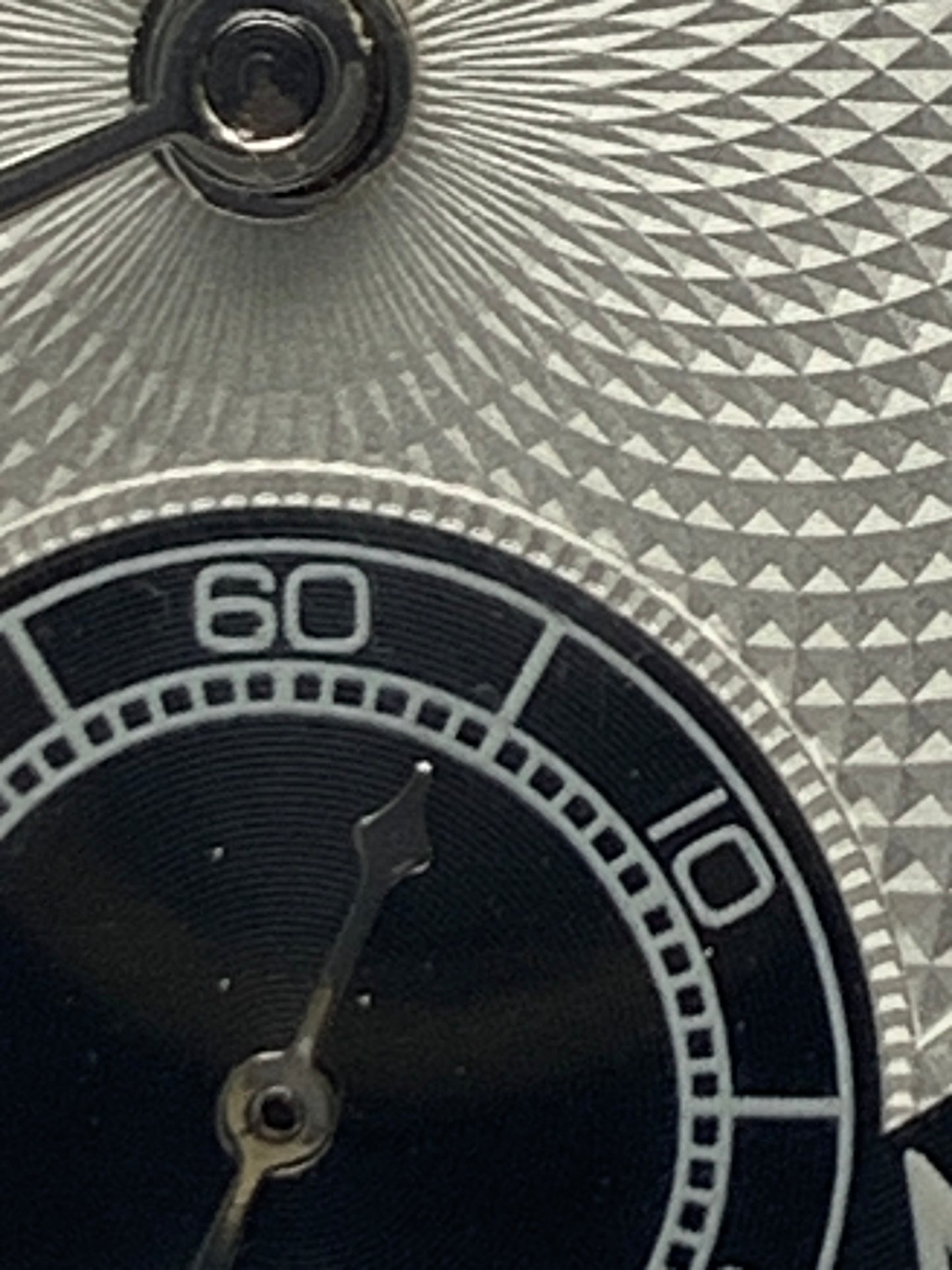 White Dahlia. All Swiss pocket watch. Beautiful NOS ETA/Unitas hammertone 6498 hand wound movement. Guilloche dial. Vintage 47mm case with perlage.