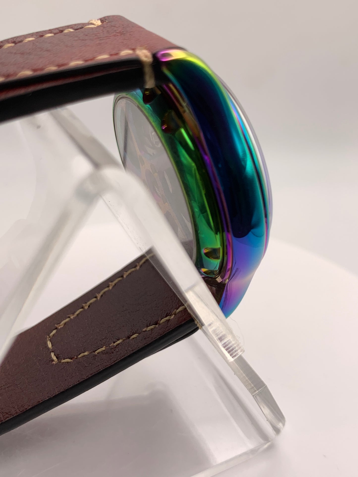 Living Color. 38mm thermally colored stainless steel case and case back. Double dome K-1 mineral crystal. Seiko NH36