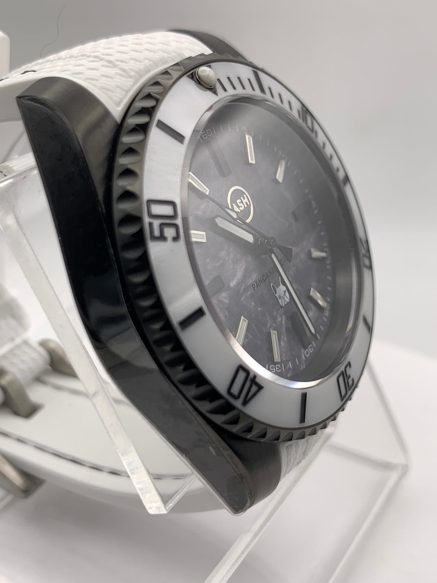 Pancake’s Dad’s Watch. 40mm PVD coated stainless steel. Sapphire crystal. Custom dial. Seiko NH38.