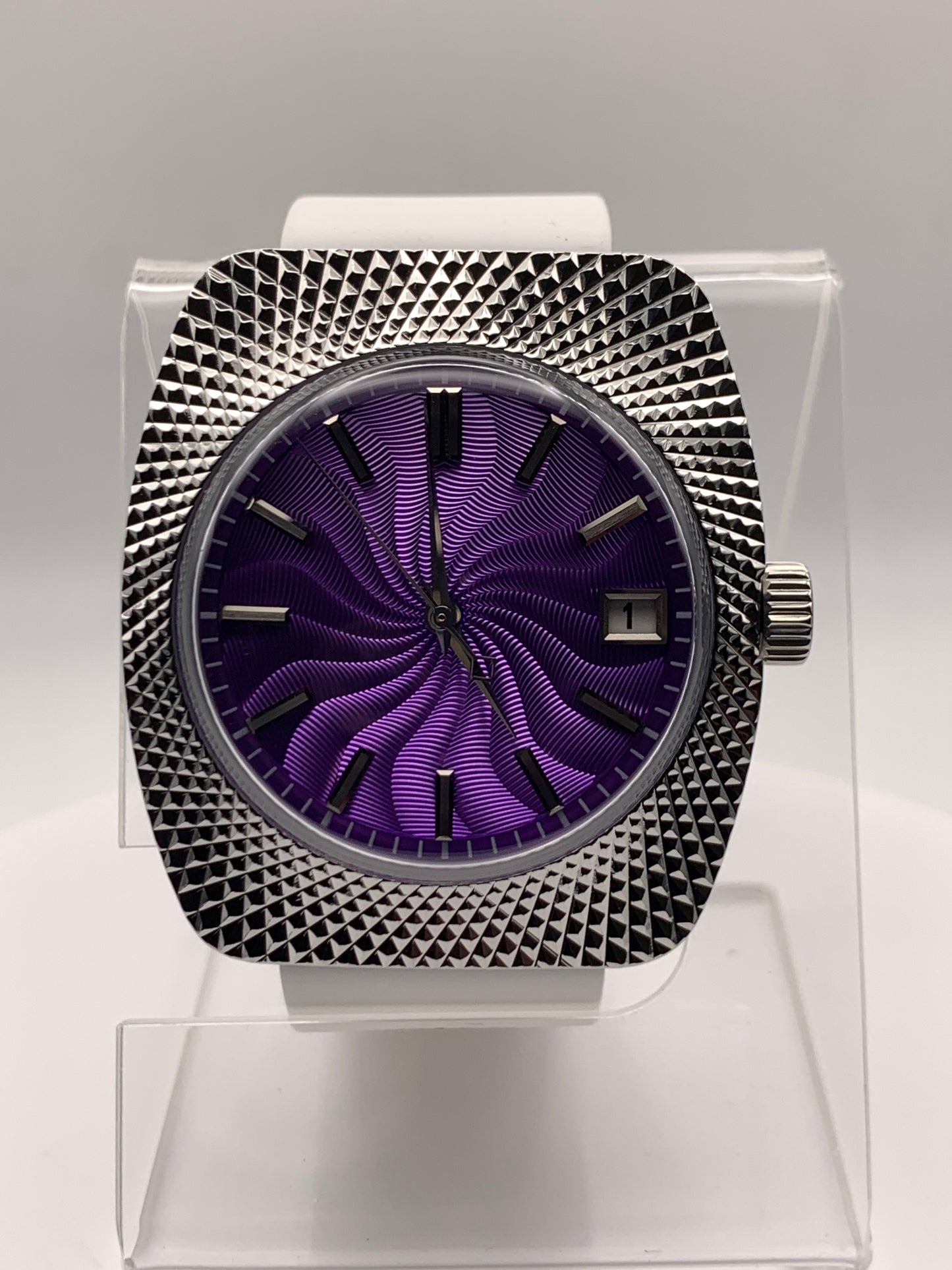 Purple Reign. 37mm faceted case. Acrylic dome crystal. Seiko NH35.