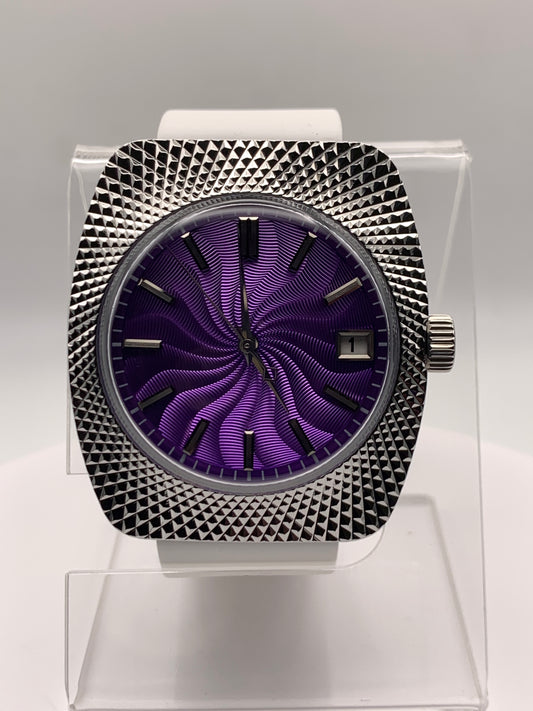 Purple Reign. 37mm faceted case. Acrylic dome crystal. Seiko NH35.
