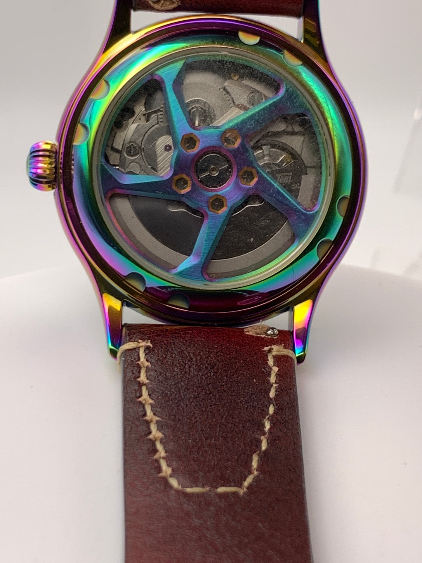 Living Color. 38mm thermally colored stainless steel case and case back. Double dome K-1 mineral crystal. Seiko NH36
