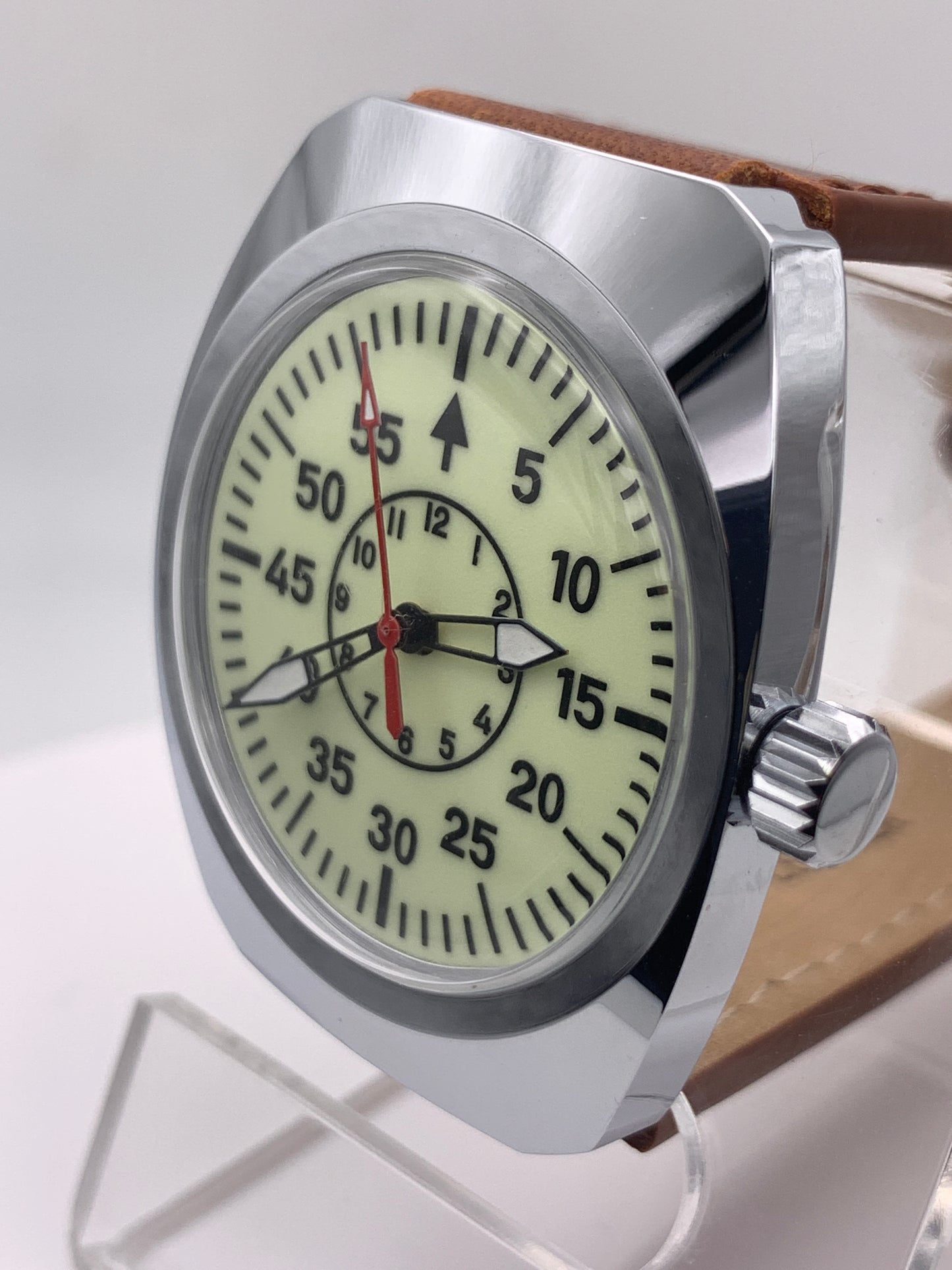 Full Moon. Neo Vintage. Fully Lumed Flieger B style. 36mm NOS Gruen case. Acrylic domed crystal. Seiko VH31 mecha-quartz.