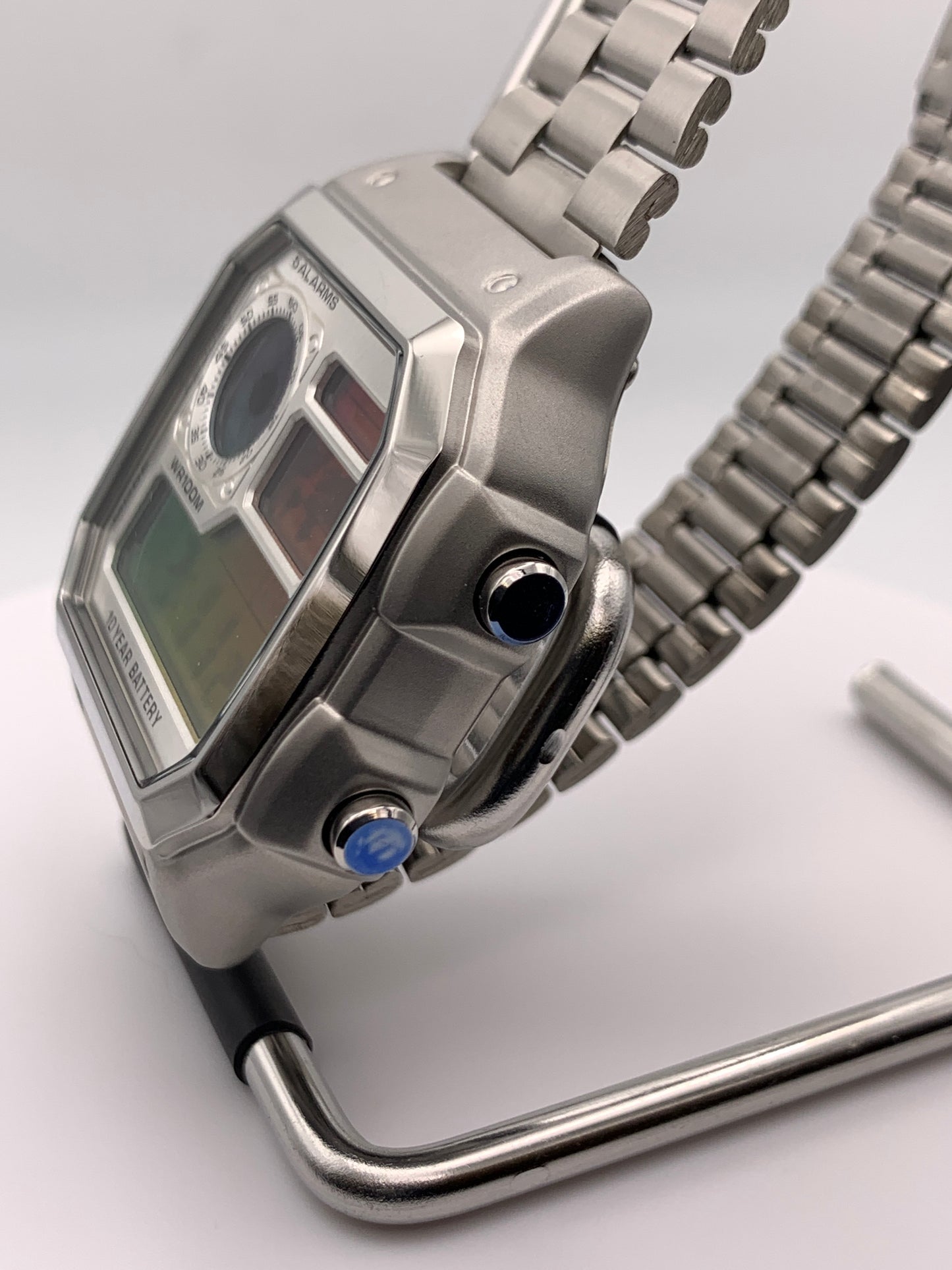 ‘Sold. Royale with Cheese. Casio AE1200. Rainbow filter. Metal case. Silver sunray faceplate. Vintage style bracelet. Flashing alarm upgrade.