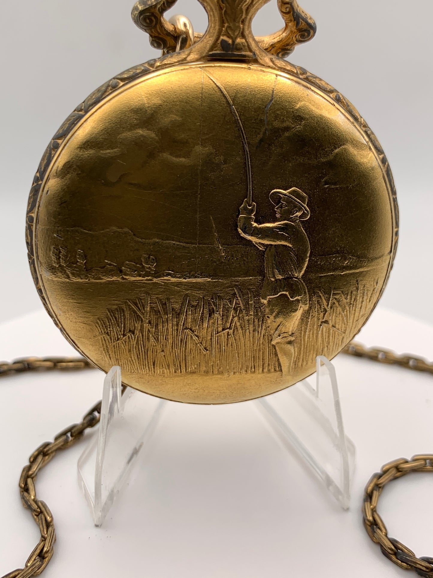 Pencron 44mm Swiss pocket watch. Unitas 6325 hand winding movement. Acrylic dome. Period correct chain and pocket knife.