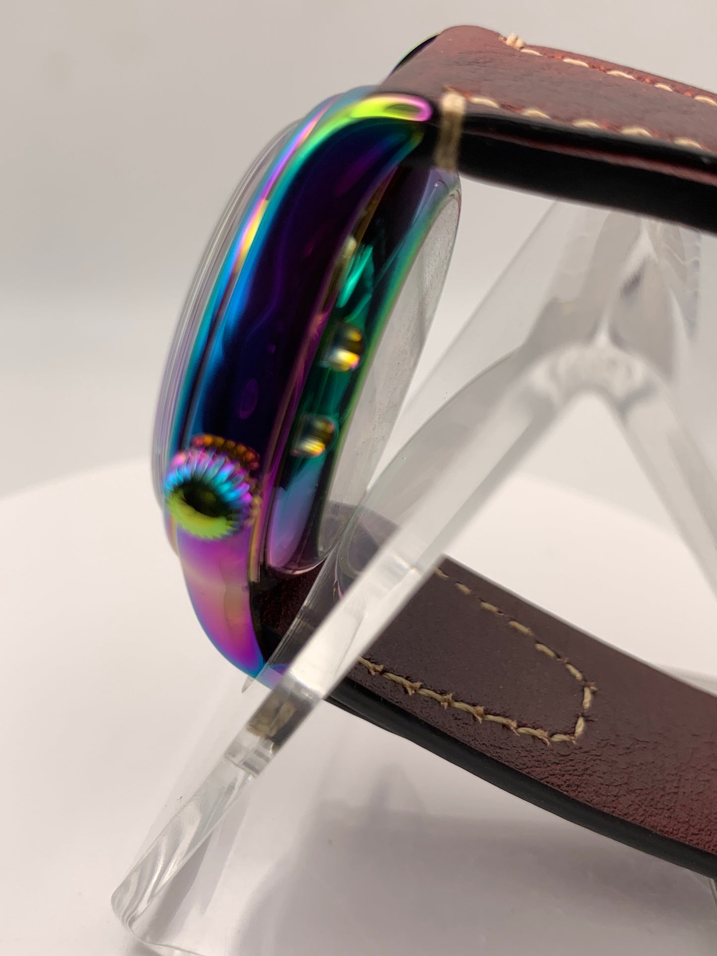 Living Color. 38mm thermally colored stainless steel case and case back. Double dome K-1 mineral crystal. Seiko NH36