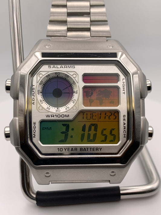 Royale with Cheese. Casio AE1200. Rainbow filter. Metal case. Silver sunray faceplate. Vintage style bracelet. Flashing alarm upgrade.