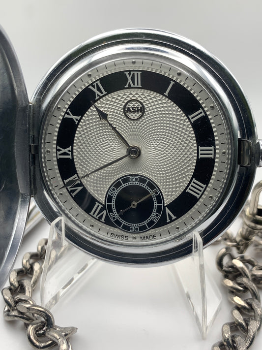 White Dahlia. All Swiss pocket watch. Beautiful NOS ETA/Unitas hammertone 6498 hand wound movement. Guilloche dial. Vintage 47mm case with perlage.