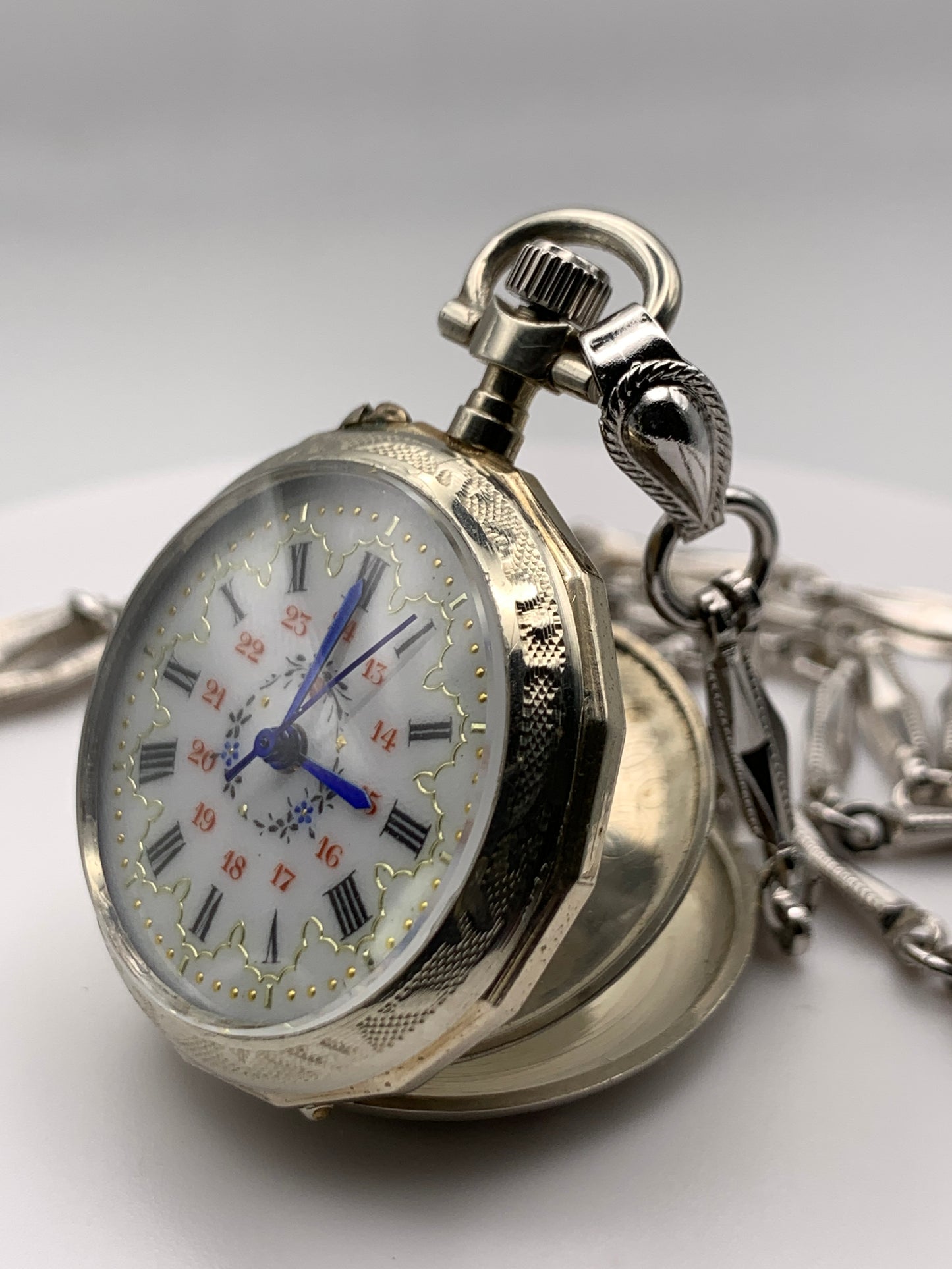 ‘Sold - Amuse-bouche. 30mm pocket / necklace watch. NOS Argentan alloy case and hand painted enamel dial. Sapphire crystal. Miyota 2036. 24” sterling necklace.
